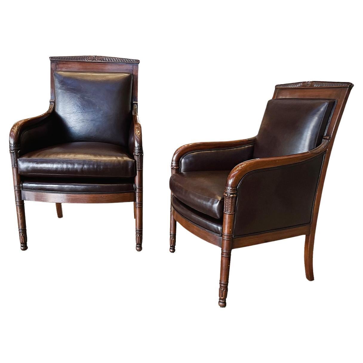 French Empire Armchairs in Brown Vegan Leather 
Silk Velvet - A Pair For Sale