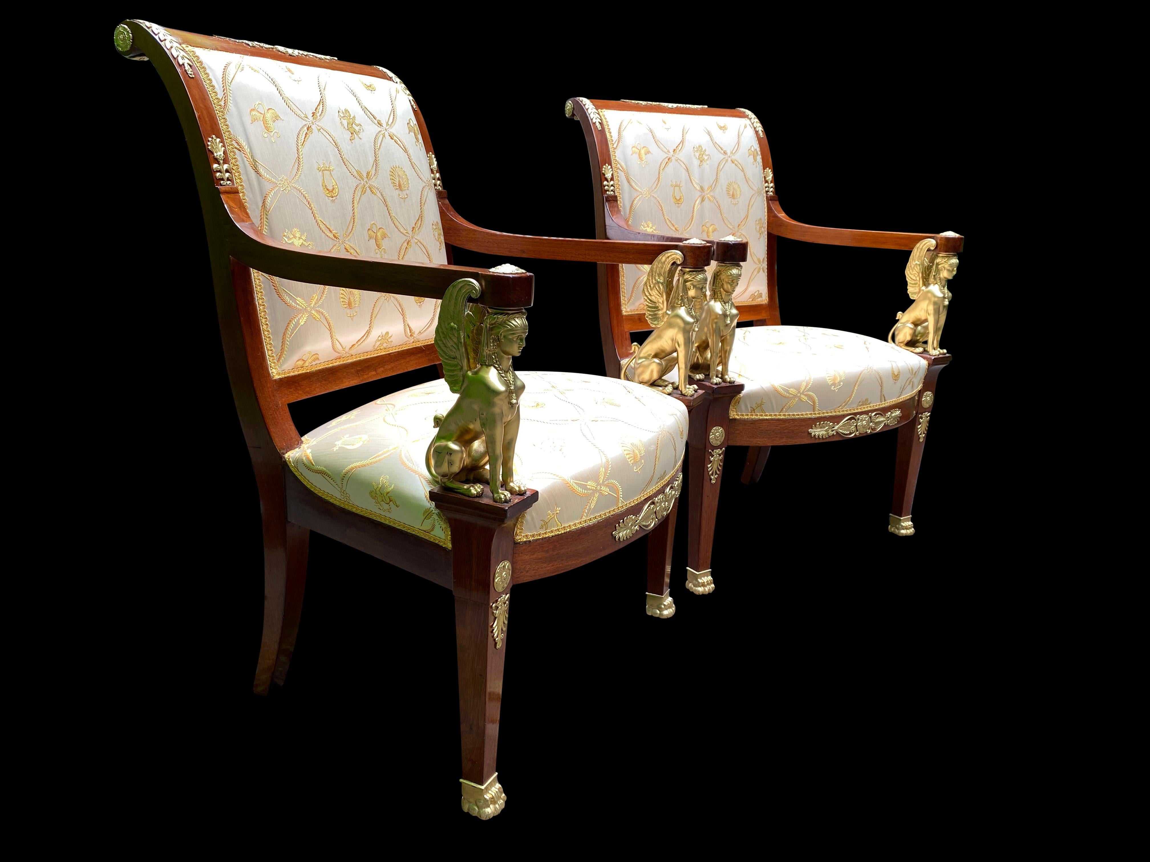Hand-Carved French Empire Armchairs with Bronze Mounts, 19th Century For Sale