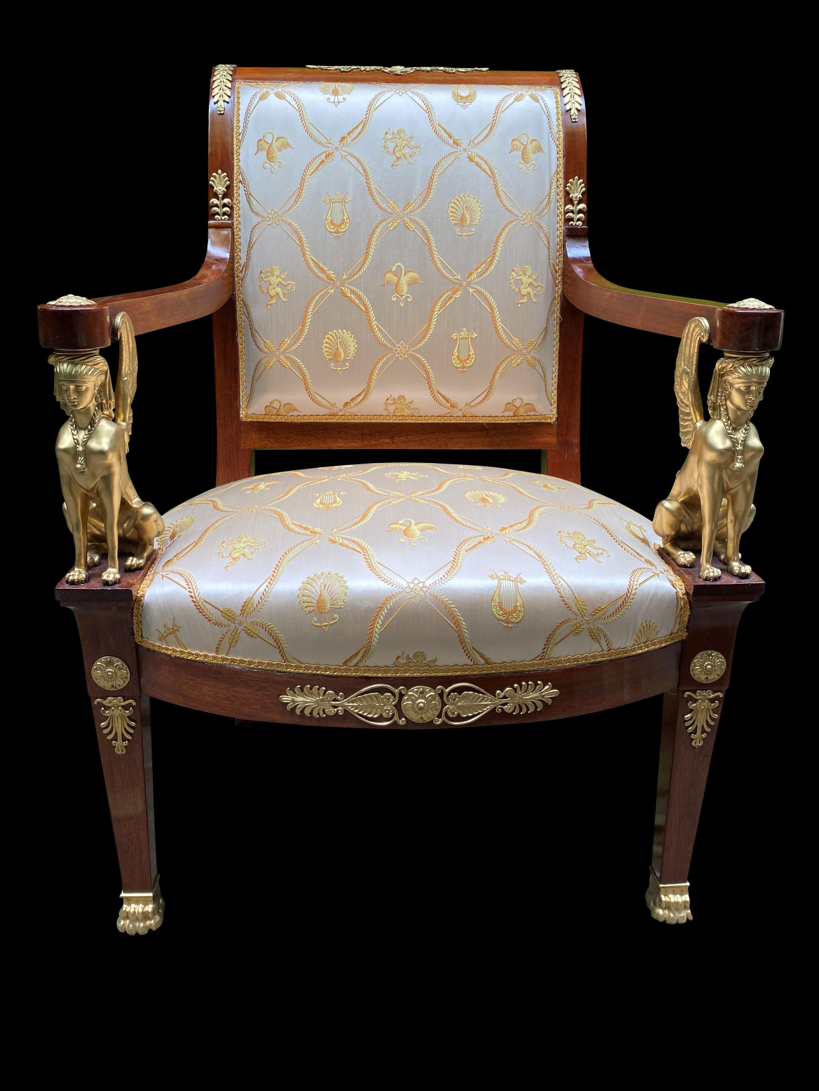 Mahogany French Empire Armchairs with Bronze Mounts, 19th Century For Sale