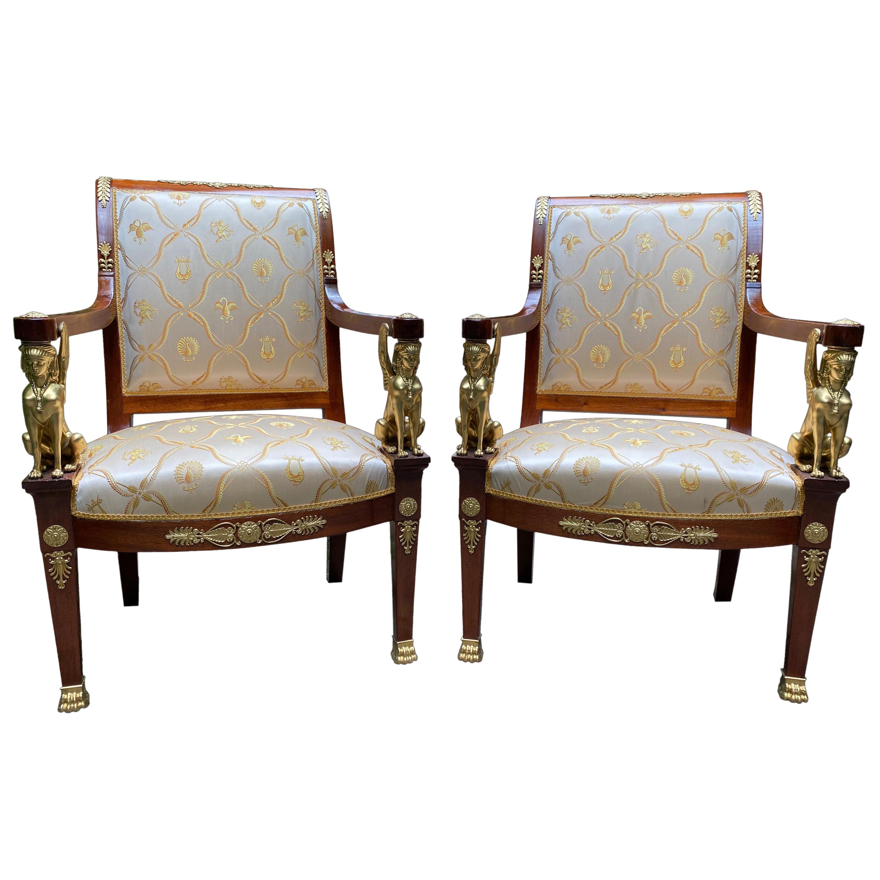 French Empire Armchairs with Bronze Mounts, 19th Century For Sale