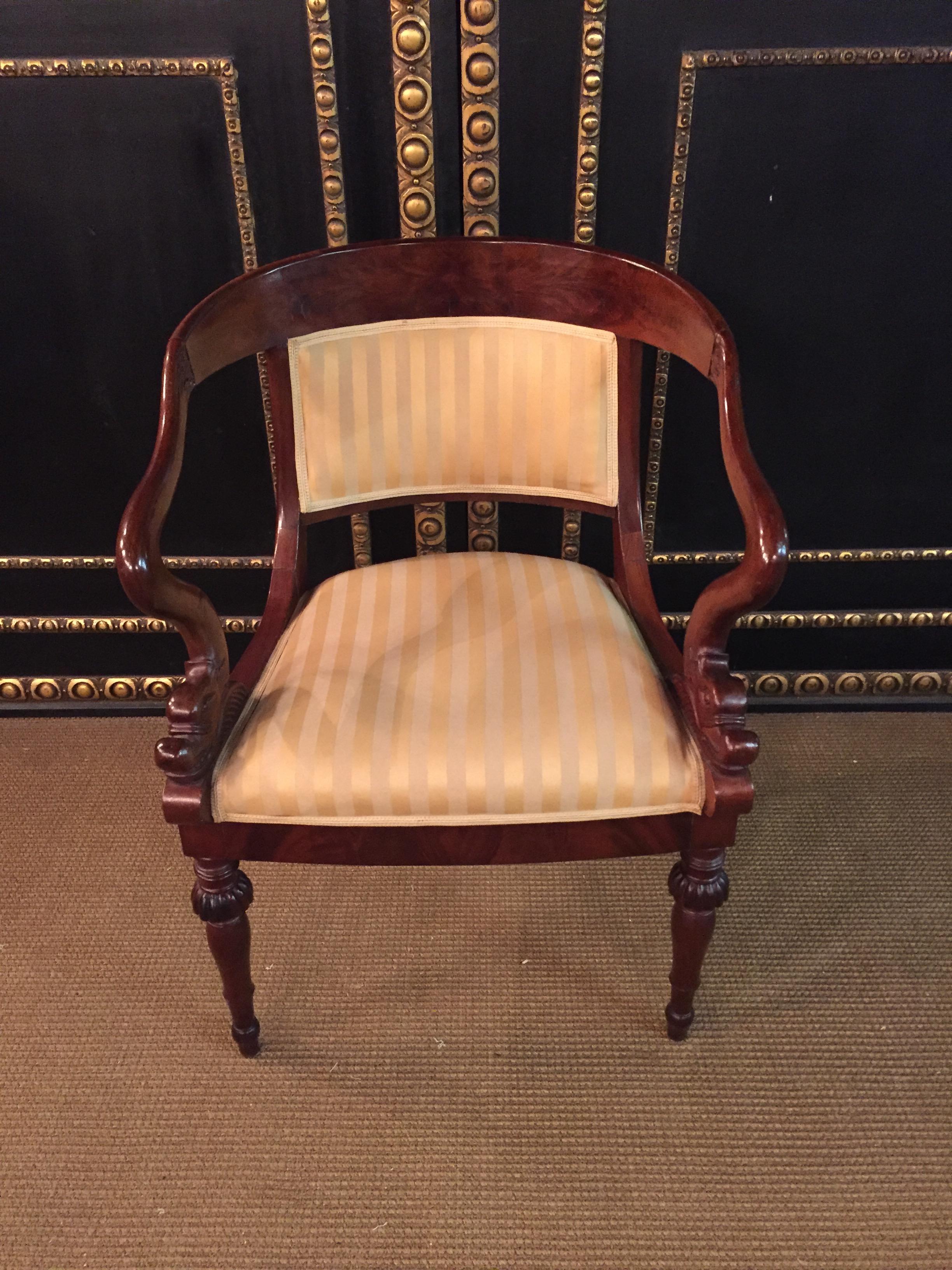 Hand-Carved French Empire Armchair, Solid Mahogany, 1800-1810, Shellac Polish