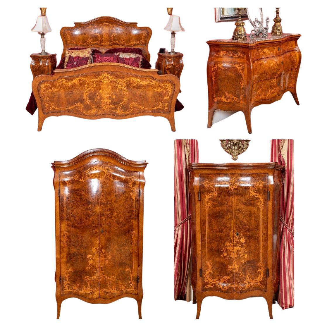 French Empire Bedroom Suite Walnut Nightstands Bed Commode 1870 For Sale