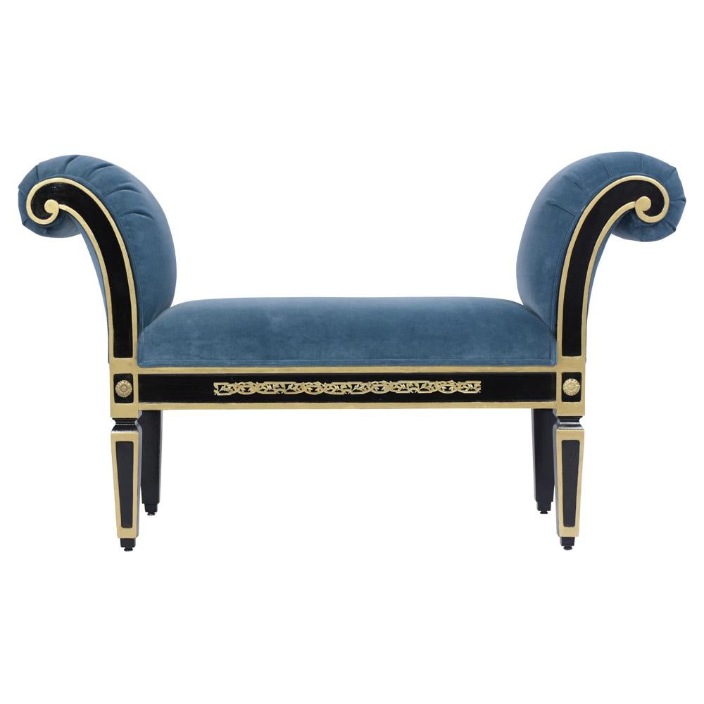 A beautiful 1960s Empire Style Bench made out of mahogany wood that has been stained an ebonized color with flat gilt molding accents and newly lacquered finish. The bench also features scroll arms & carved tapered legs design and has been
