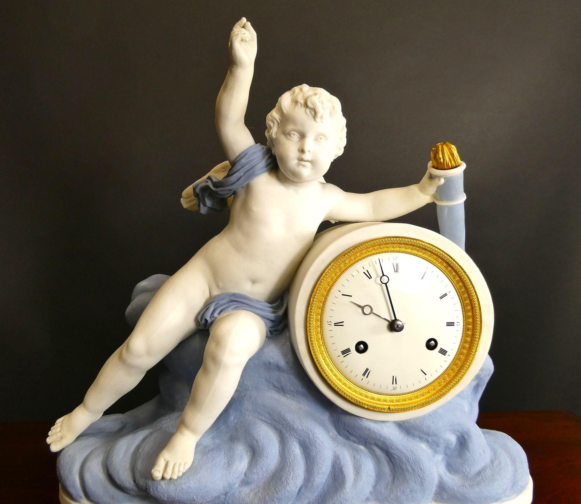Late 18th Century French Empire Bisque Porcelain and Ormolu Mantel Clock For Sale