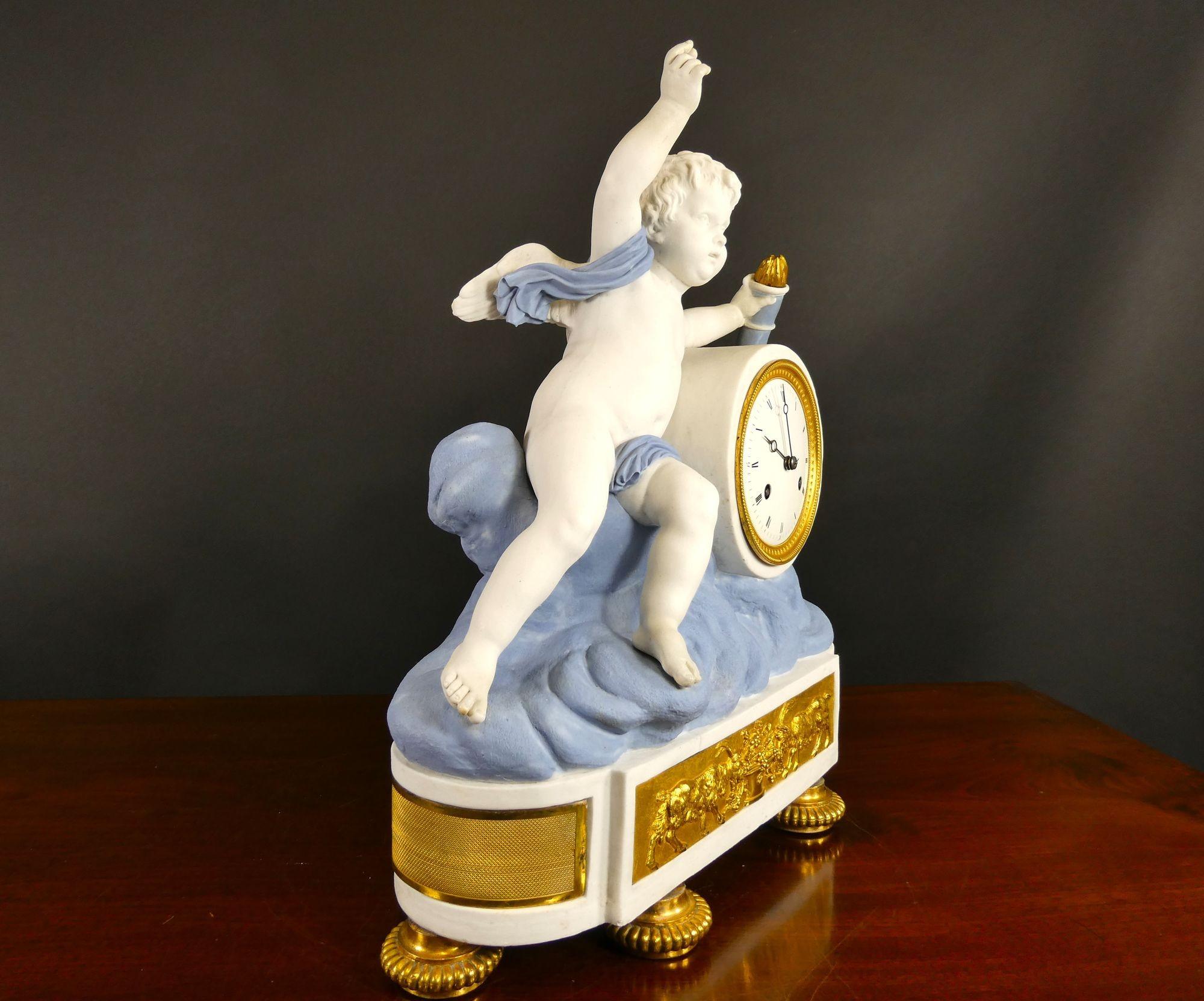 French Empire Bisque Porcelain and Ormolu Mantel Clock For Sale 1