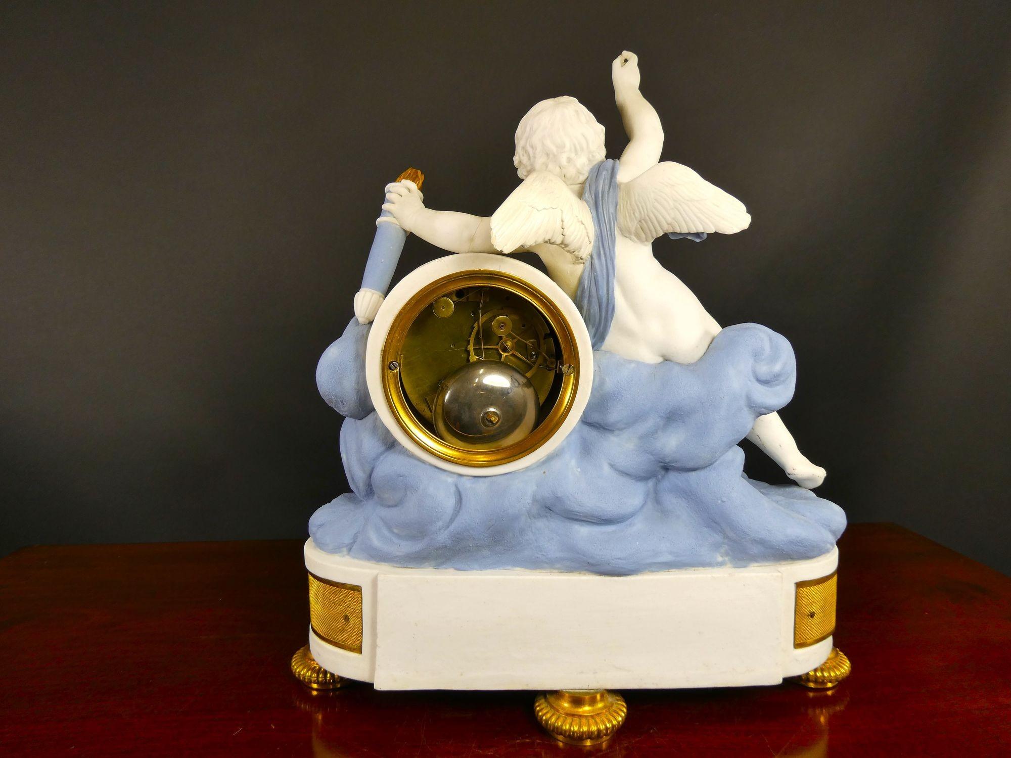 French Empire Bisque Porcelain and Ormolu Mantel Clock For Sale 2