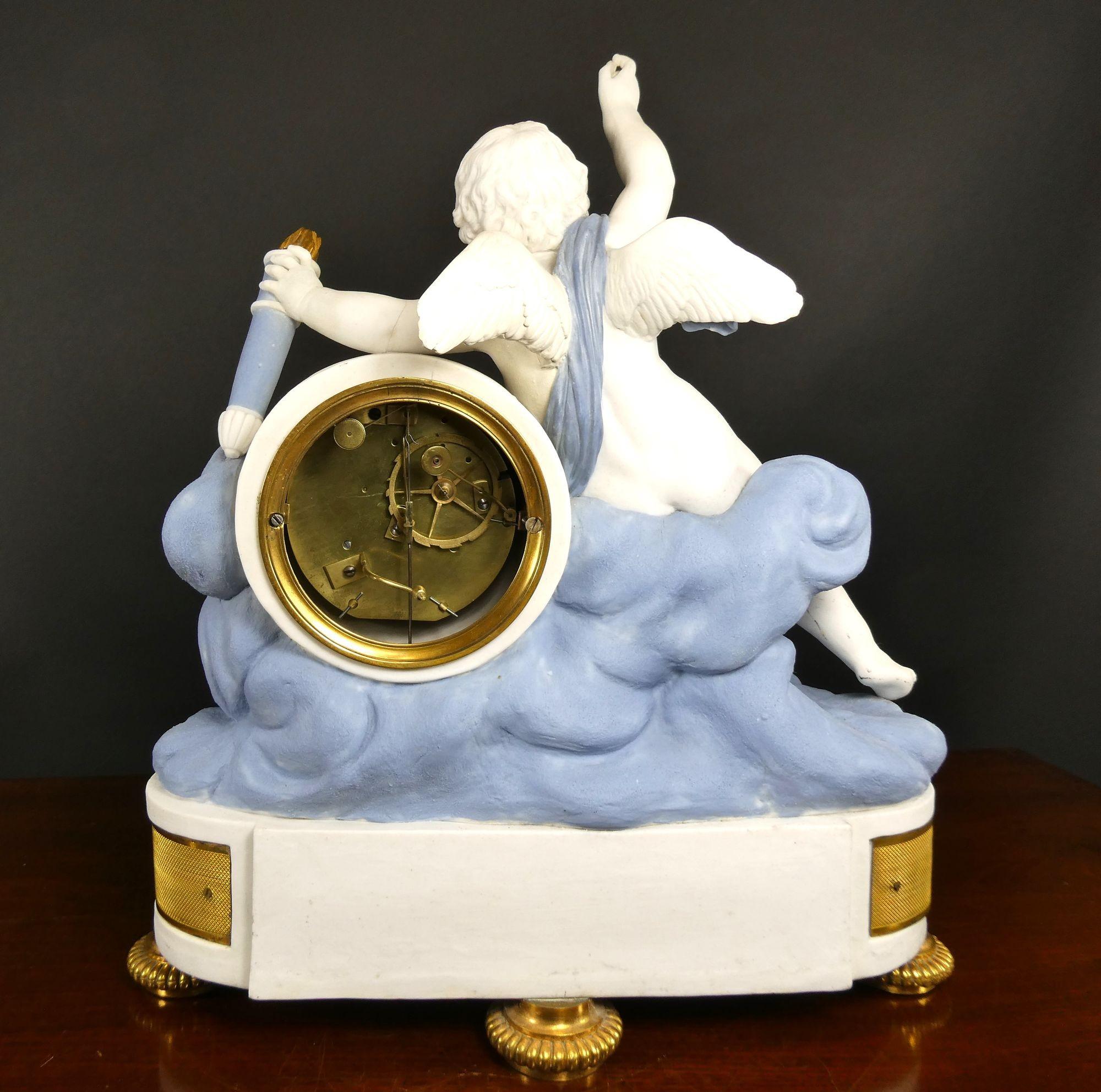 French Empire Bisque Porcelain and Ormolu Mantel Clock For Sale 3