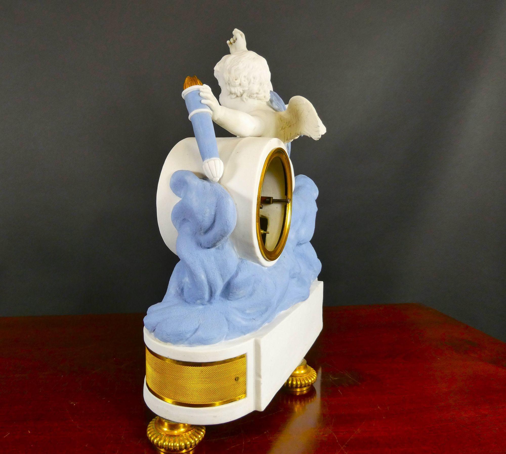 French Empire Bisque Porcelain and Ormolu Mantel Clock For Sale 4