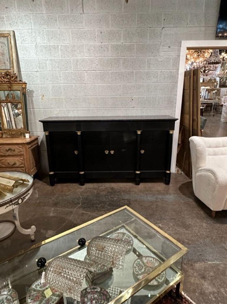 19th century French empire black lacquered buffet with Belgian black marble top. Circa 1880. Sure to make a statement!