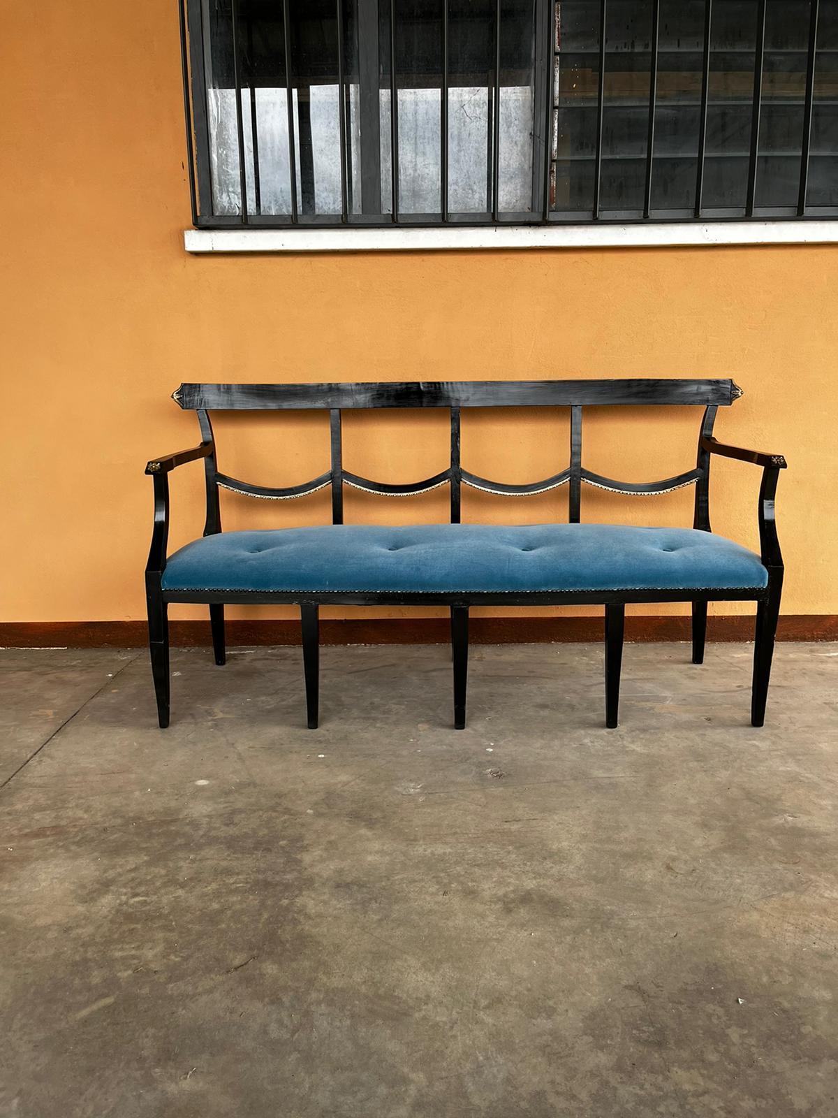 19th Century French Empire Black Lacquered Wood and Blue Velvet Sofa