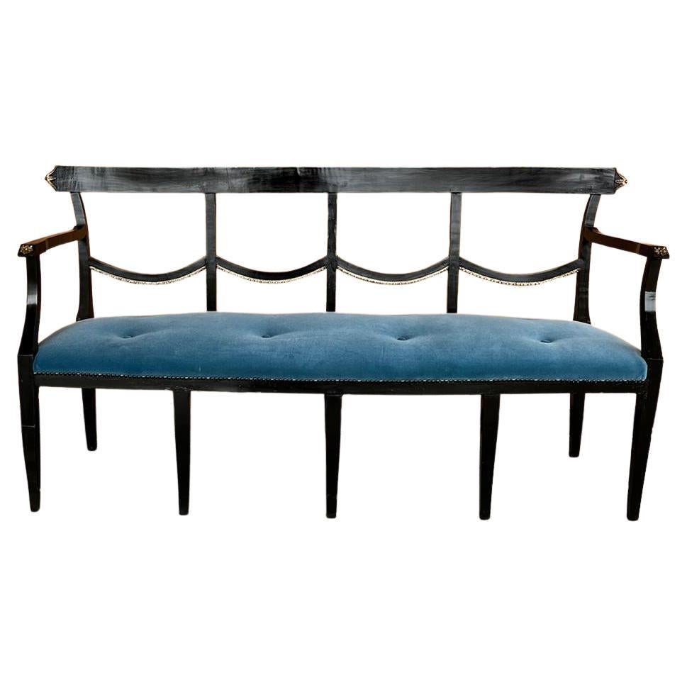 French Empire Black Lacquered Wood and Blue Velvet Sofa