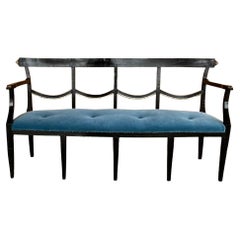 French Empire Black Lacquered Wood and Blue Velvet Sofa