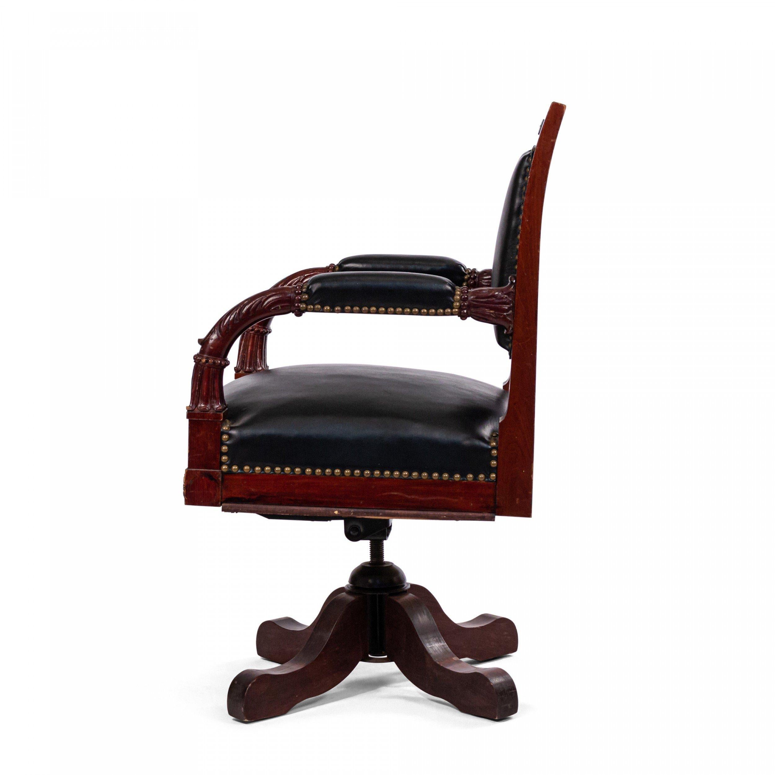 Ormolu French Empire Black Leather Swivel Chair For Sale