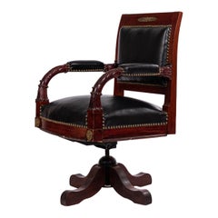 Antique French Empire Black Leather Swivel Chair