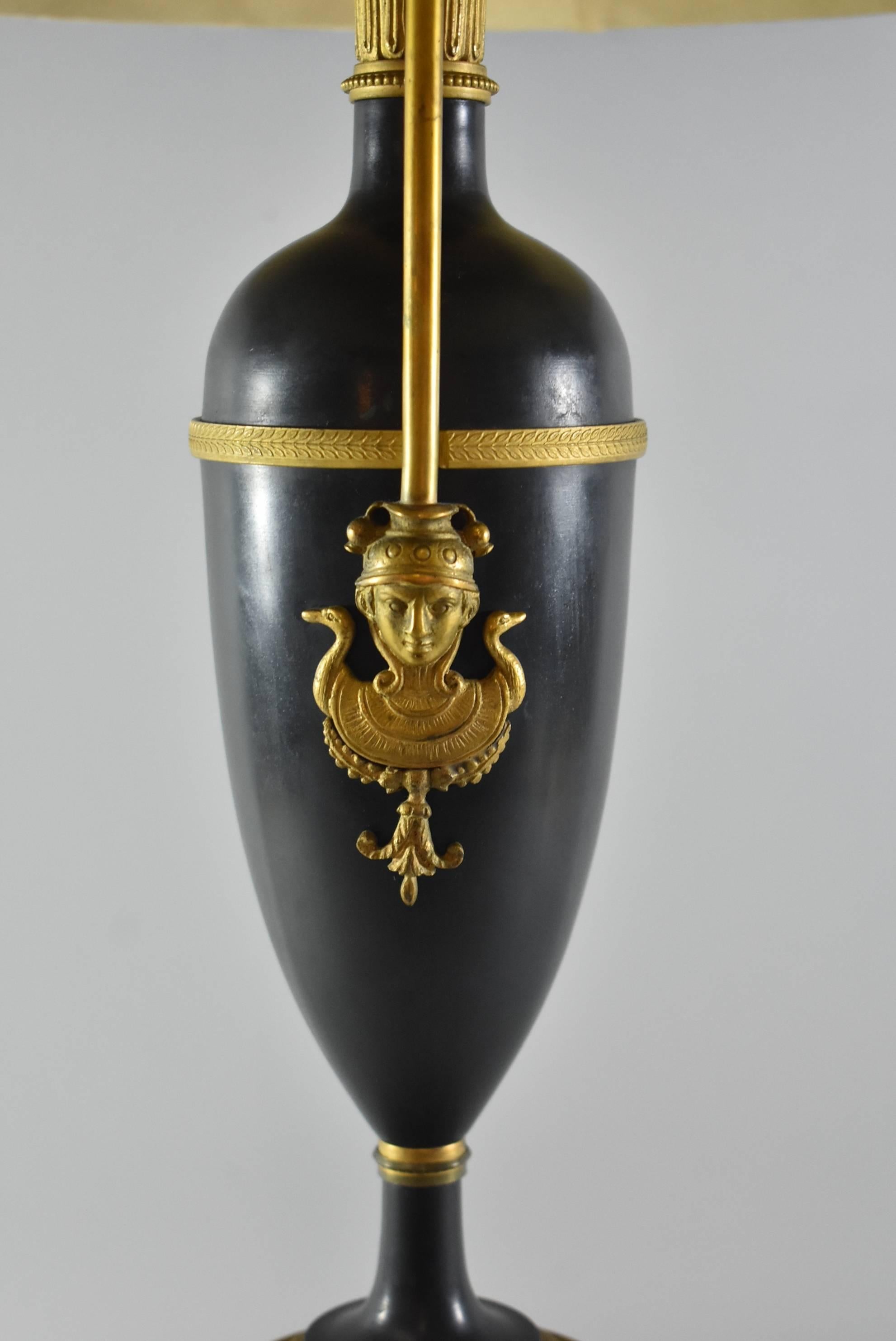 20th Century French Empire Black Urn Lamp with Bronze Mounts For Sale