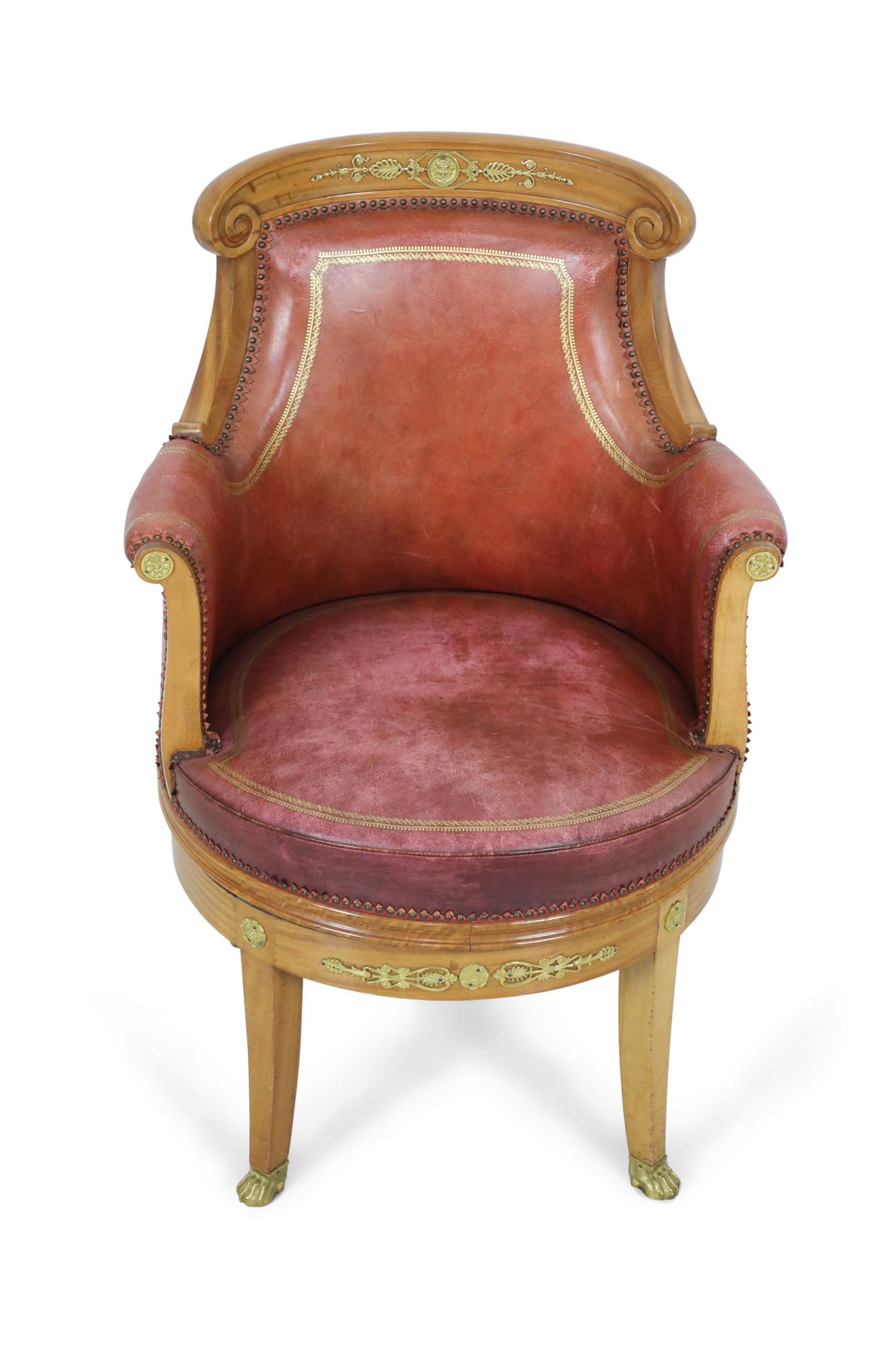 French Empire Blond Mahogany Swivel Leather Chair with Bronze Trim For Sale 6