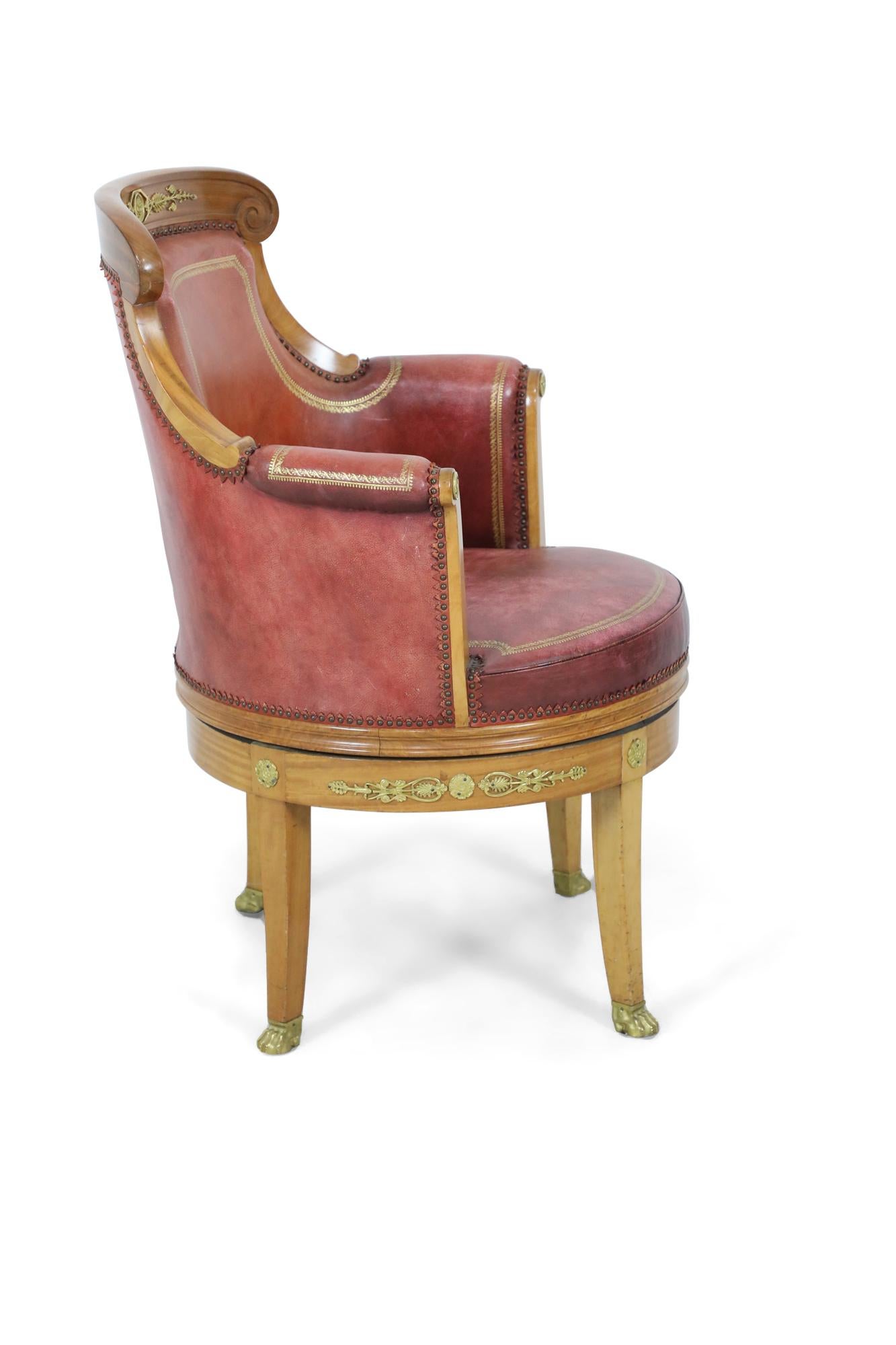 French Empire Blond Mahogany Swivel Leather Chair with Bronze Trim For Sale 3