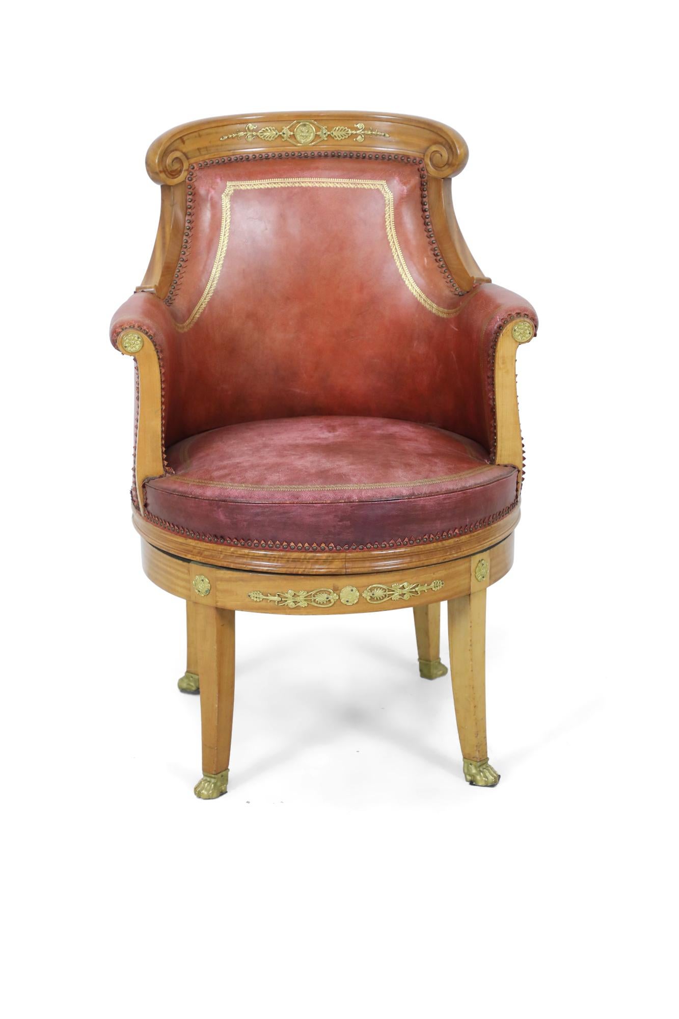French Empire Blond Mahogany Swivel Leather Chair with Bronze Trim For Sale 5