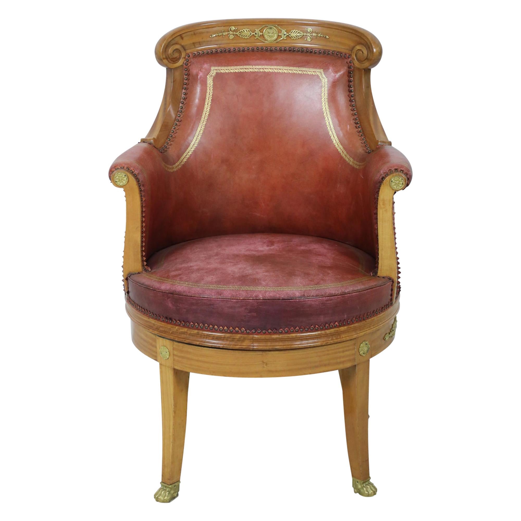 French Empire Blond Mahogany Swivel Leather Chair with Bronze Trim