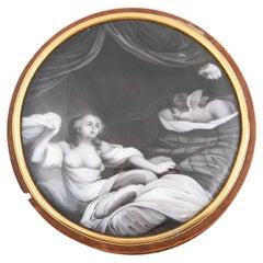 Tabatière Imperio Francés de madera de boj con placa de esmalte erótico y acce