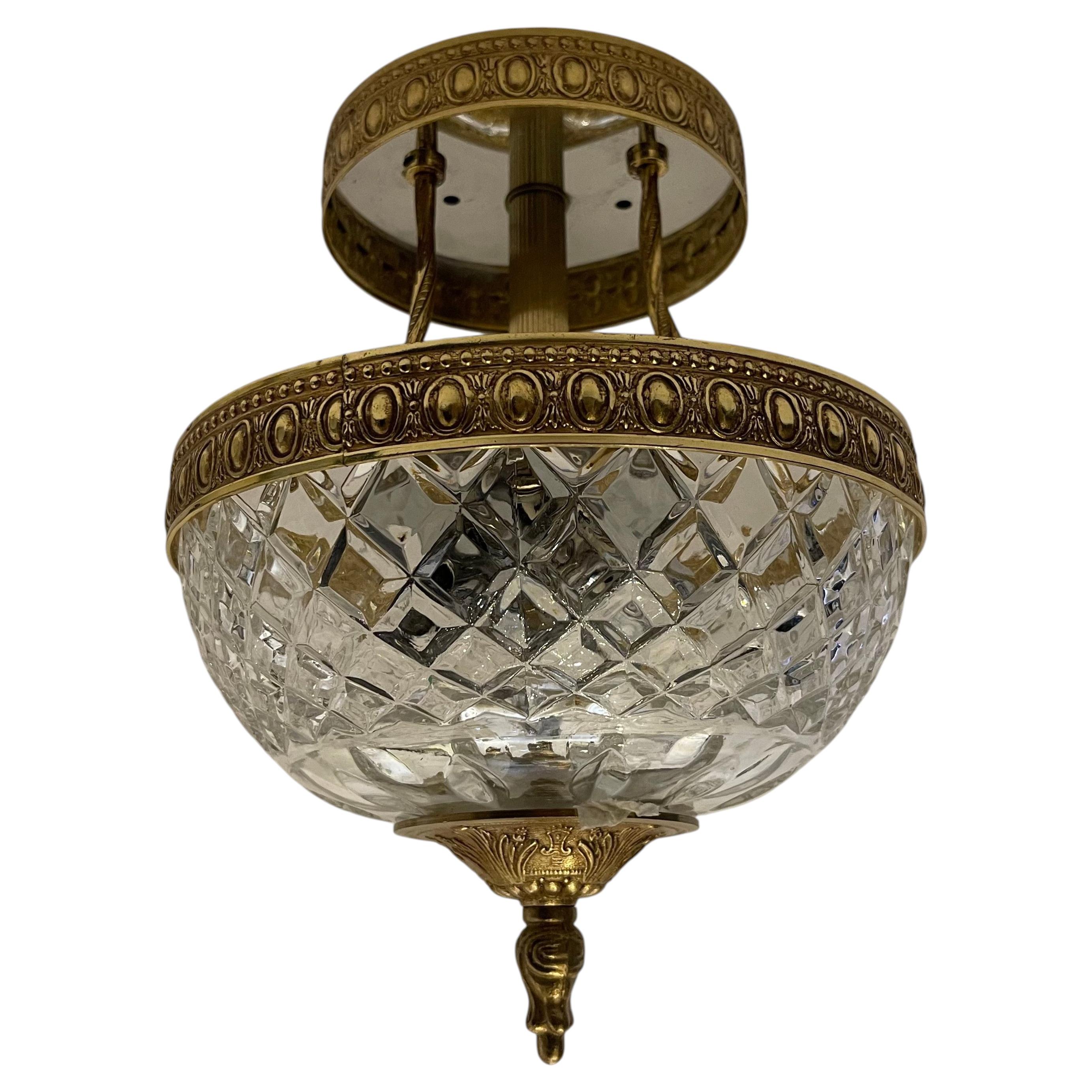 French Empire Brass Cut Crystal Semi Flush Mount Pair Ceiling Light Fixtures