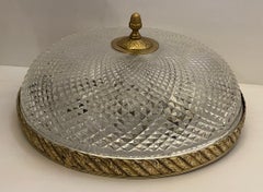 French Empire Brass Diamond Cut Crystal Flush Mount Pair Ceiling Light Fixtures