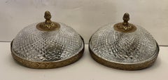 French Empire Brass Diamond Cut Crystal Flush Mount Pair Ceiling Light Fixtures