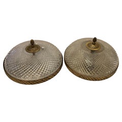 French Empire Brass Diamond Cut Crystal Flush Mount Pair Ceiling Light Fixtures