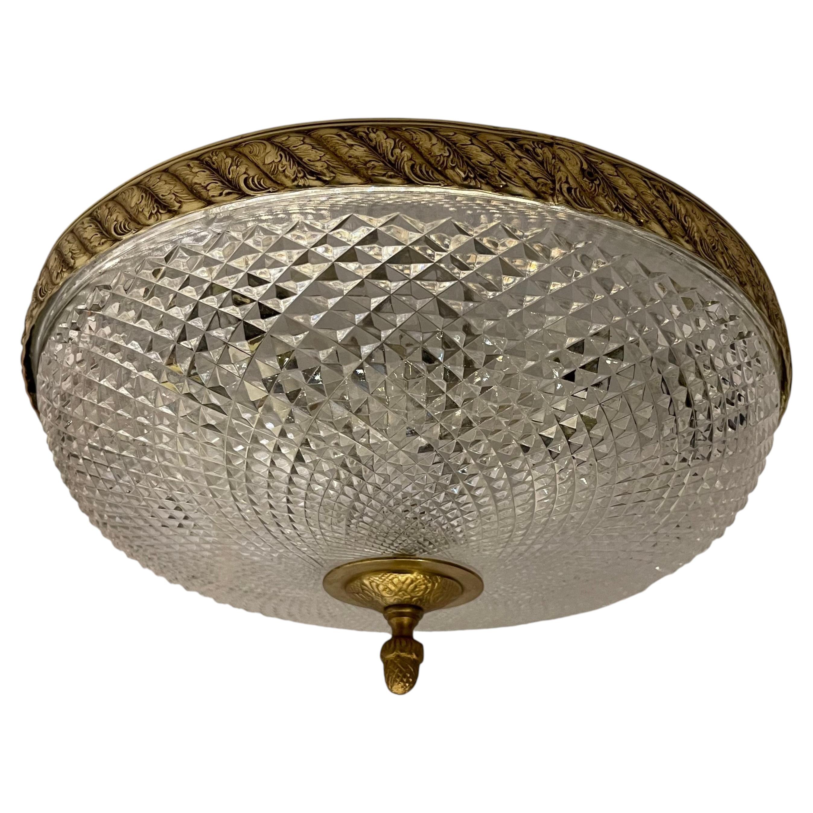 French Empire Brass Diamond Cut Crystal Flush Mount Ceiling Light Fixture