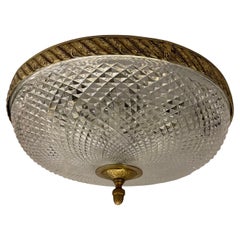 French Empire Brass Diamond Cut Crystal Flush Mount Pair Ceiling Light Fixtures