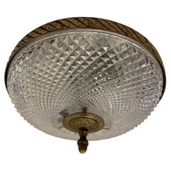 French Empire Brass Diamond Cut Crystal Flush Mount Pair Ceiling Light Fixtures