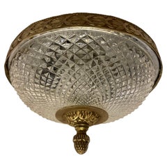 French Empire Brass Diamond Cut Crystal Flush Mount Pair Ceiling Light Fixtures