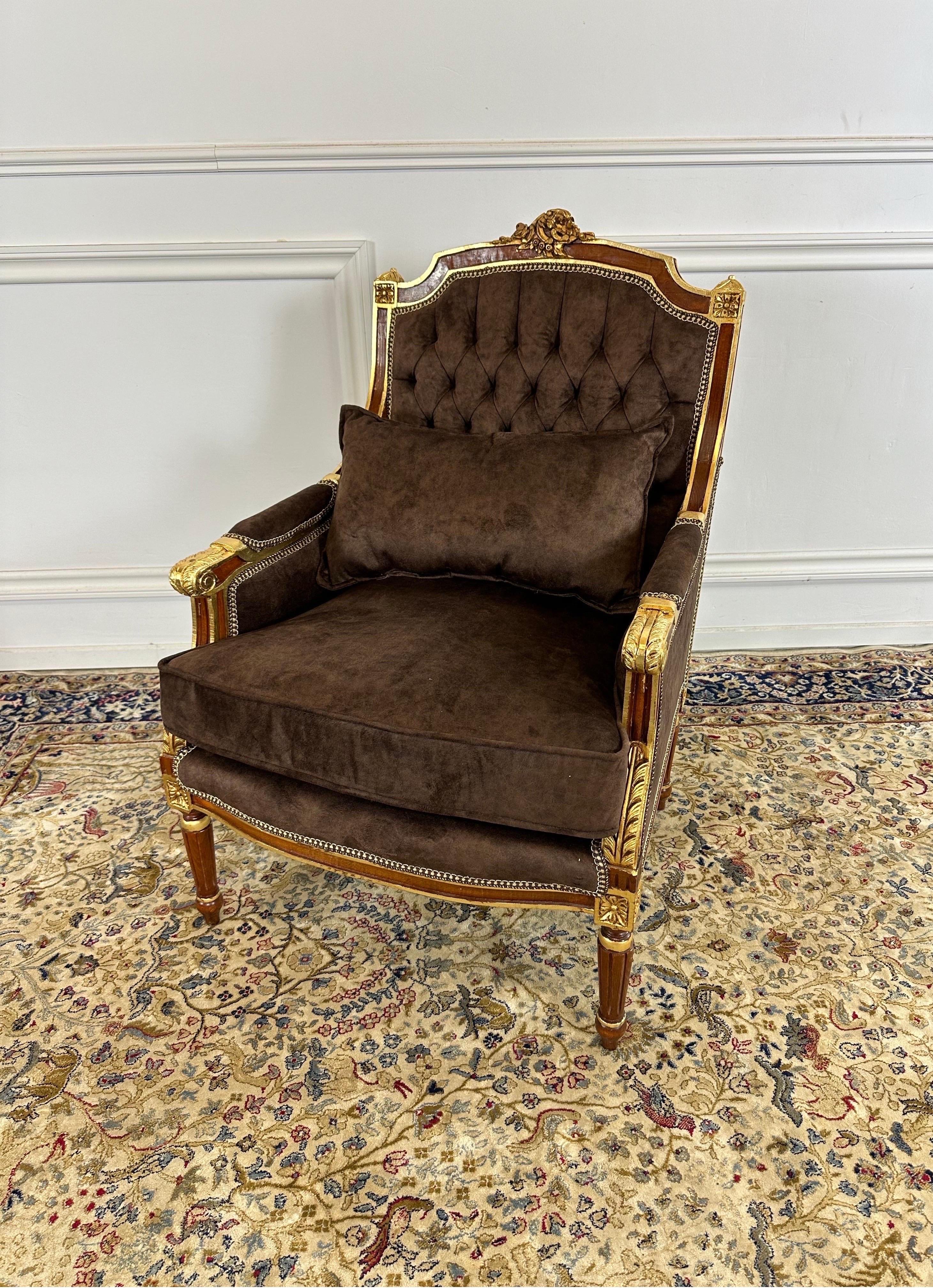 20th Century French empire, brass mounted reupholstered button back chairs (x6 available)  For Sale