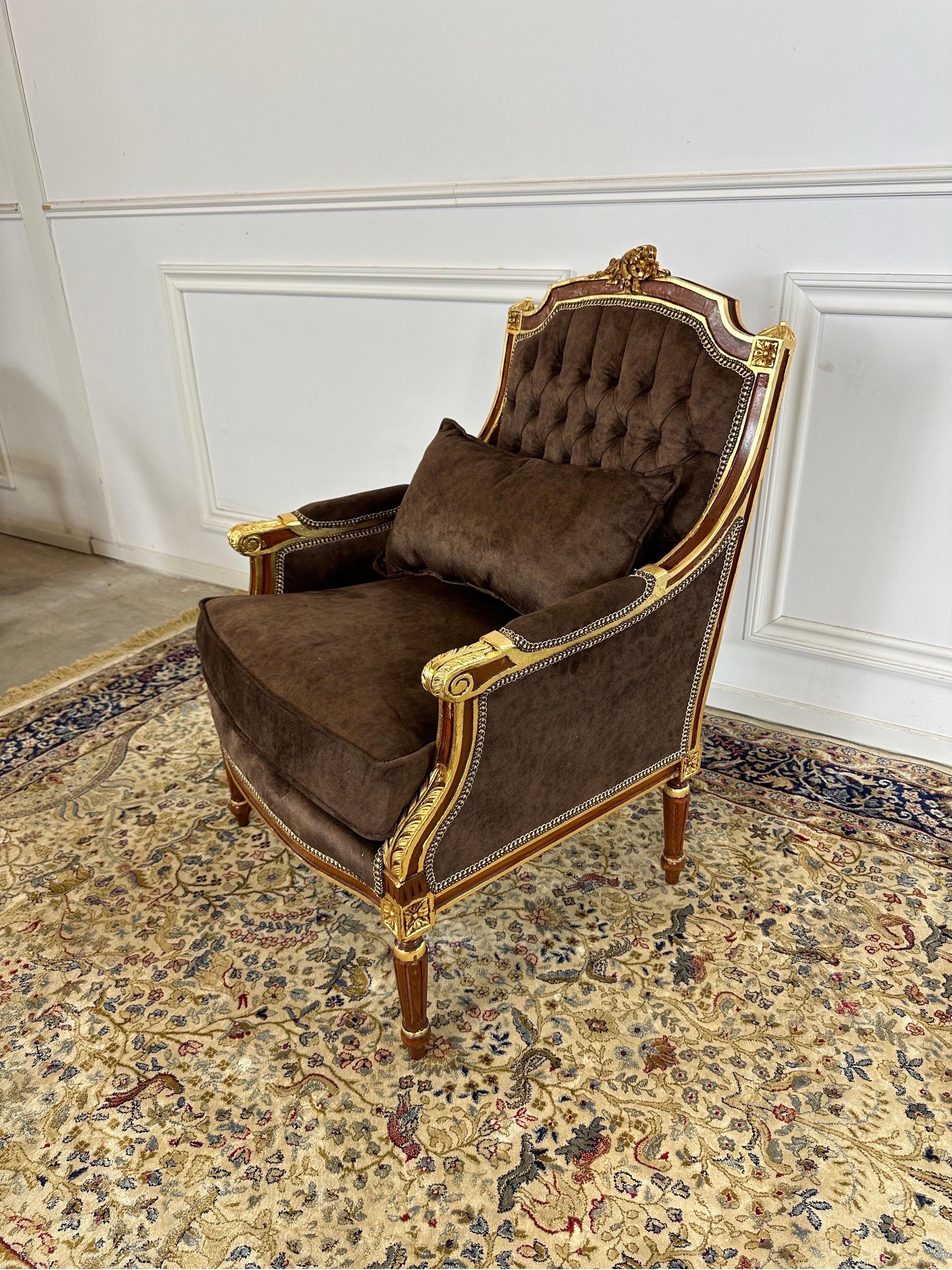 Brass French empire, brass mounted reupholstered button back chairs (x6 available)  For Sale