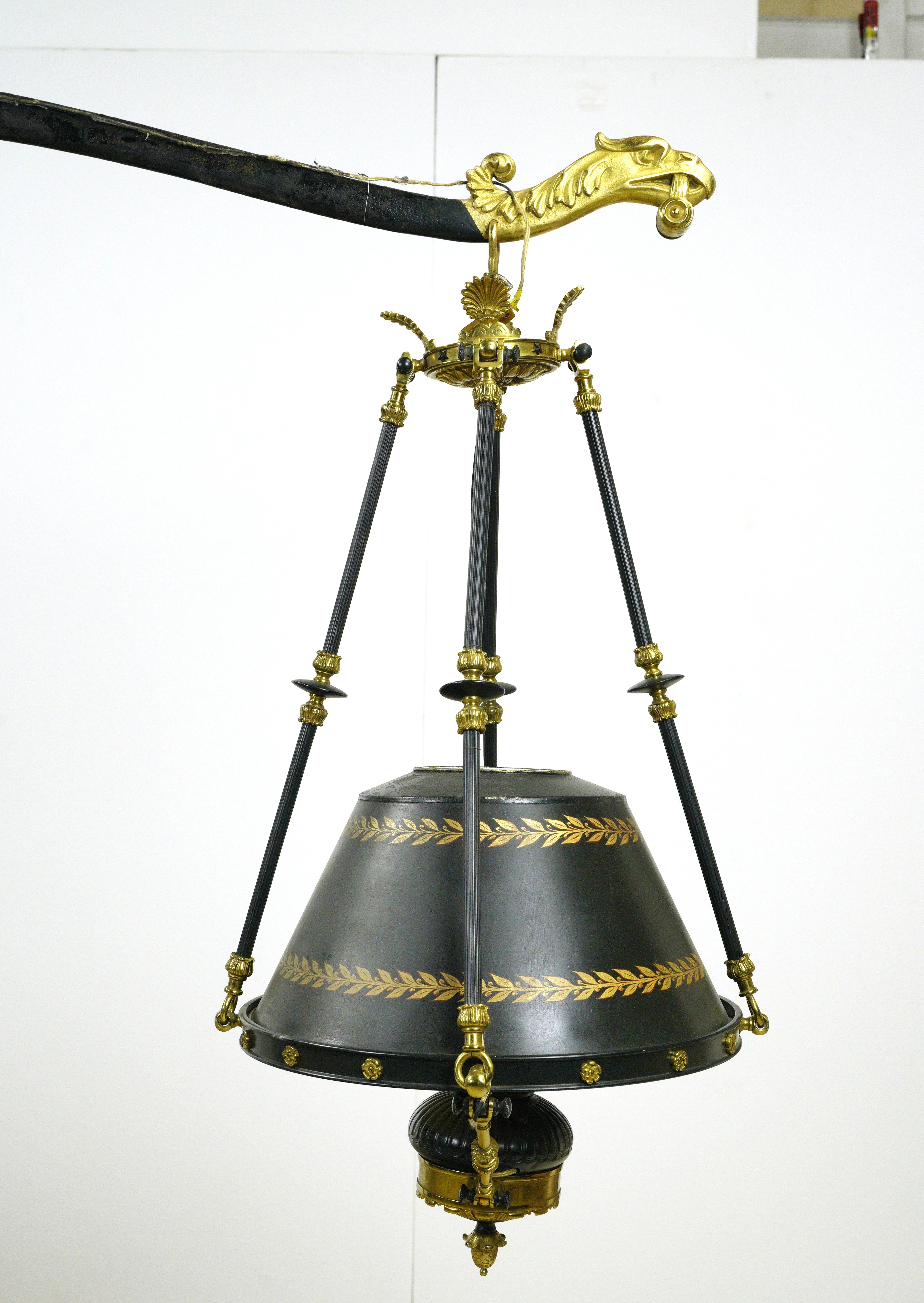 French Empire Brass Steel Pool Table Double Lantern Light In Good Condition For Sale In New York, NY