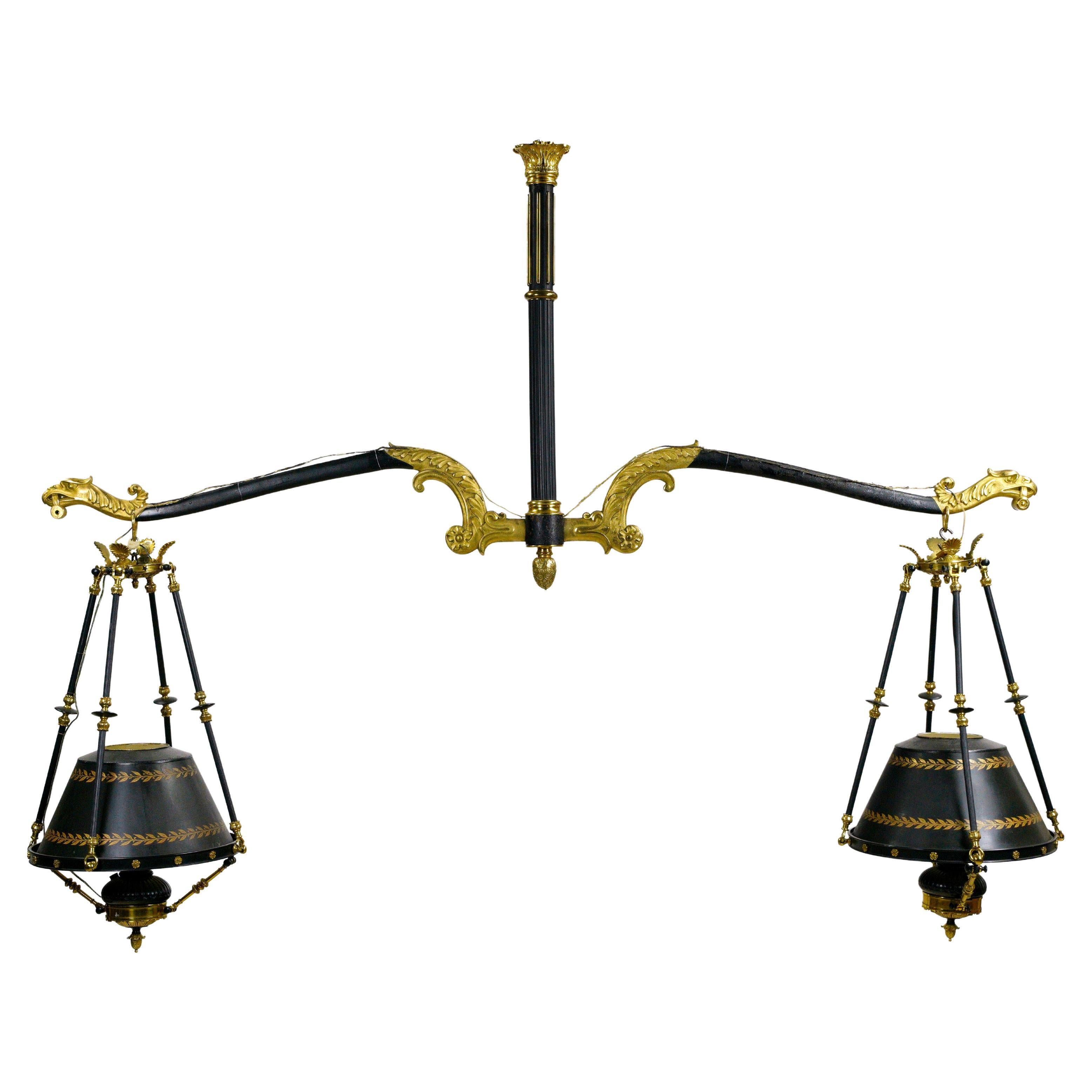 French Empire Brass Steel Pool Table Double Lantern Light For Sale