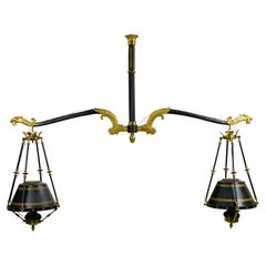 French Empire Brass Steel Pool Table Double Lantern Light