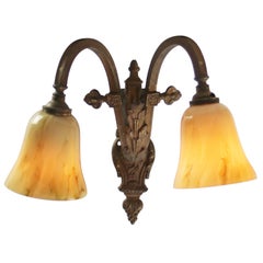 Französisches Empire Messing & Gelber Marmor Glas Wandleuchter