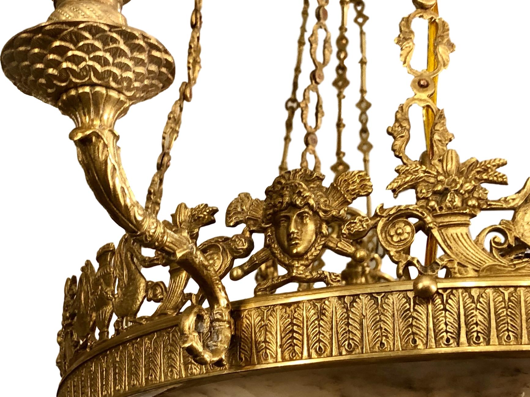 Carved French Empire Bronze and Alabaster Chandelier For Sale