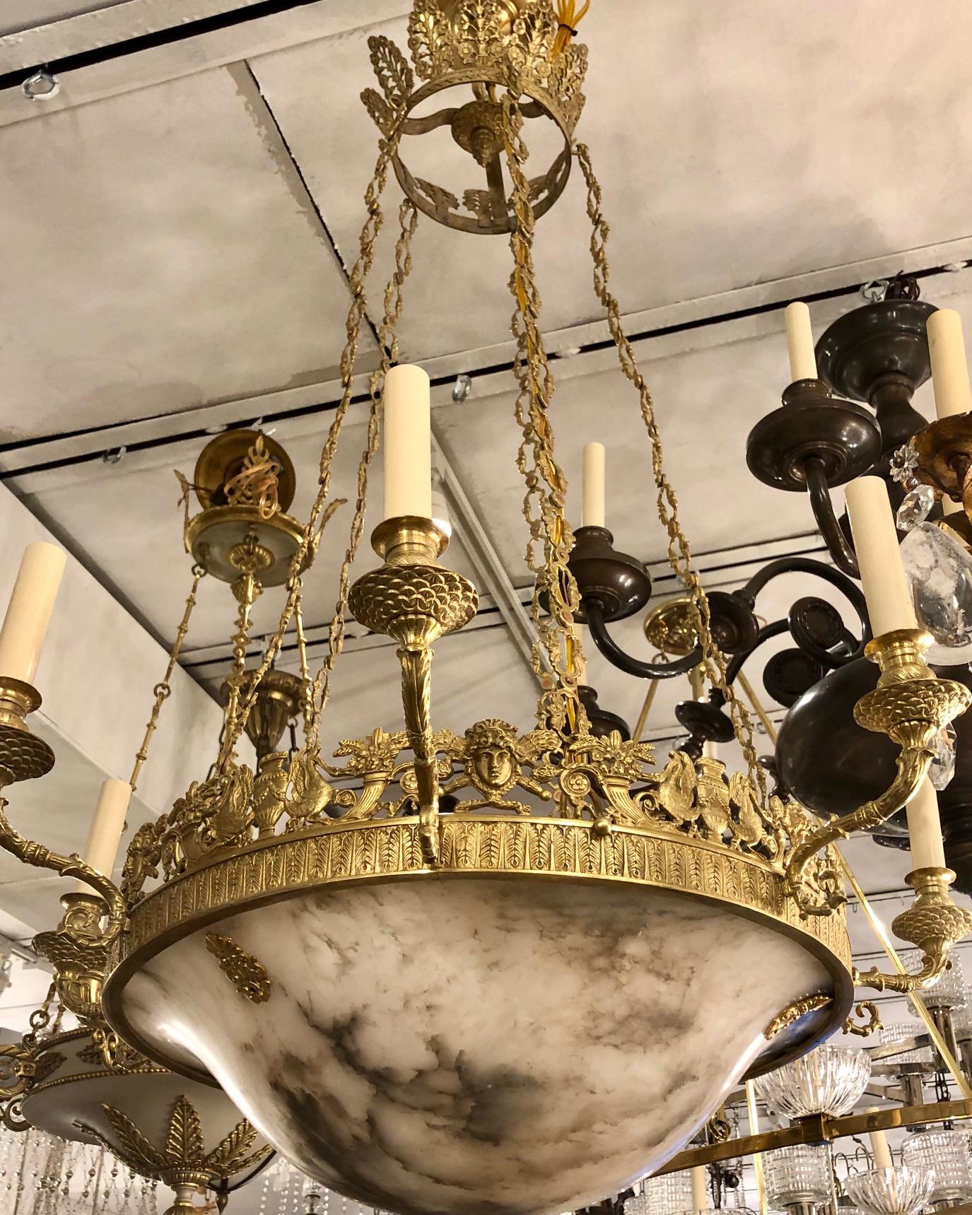 Early 20th Century French Empire Bronze and Alabaster Chandelier For Sale