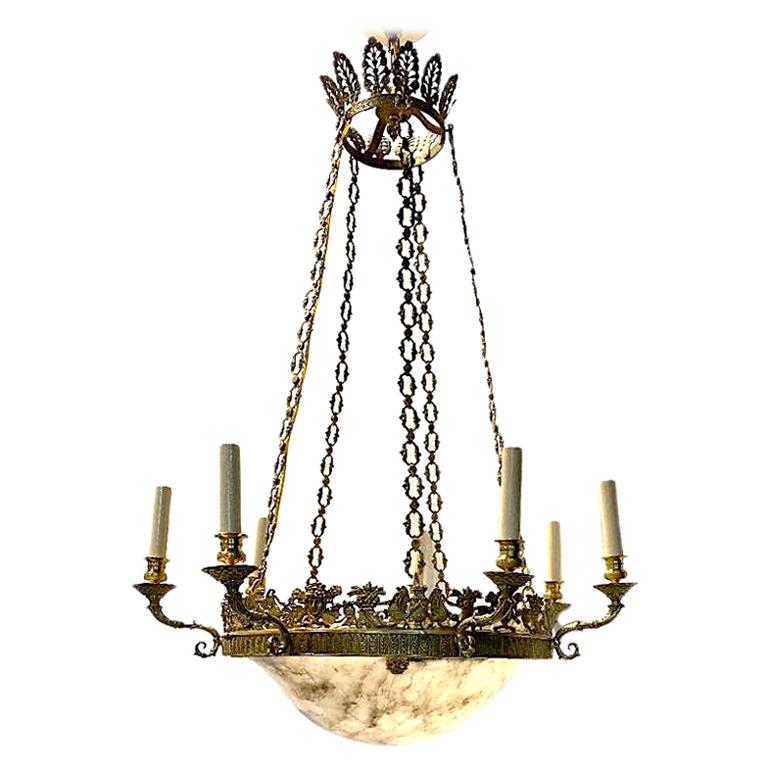 French Empire Bronze and Alabaster Chandelier For Sale