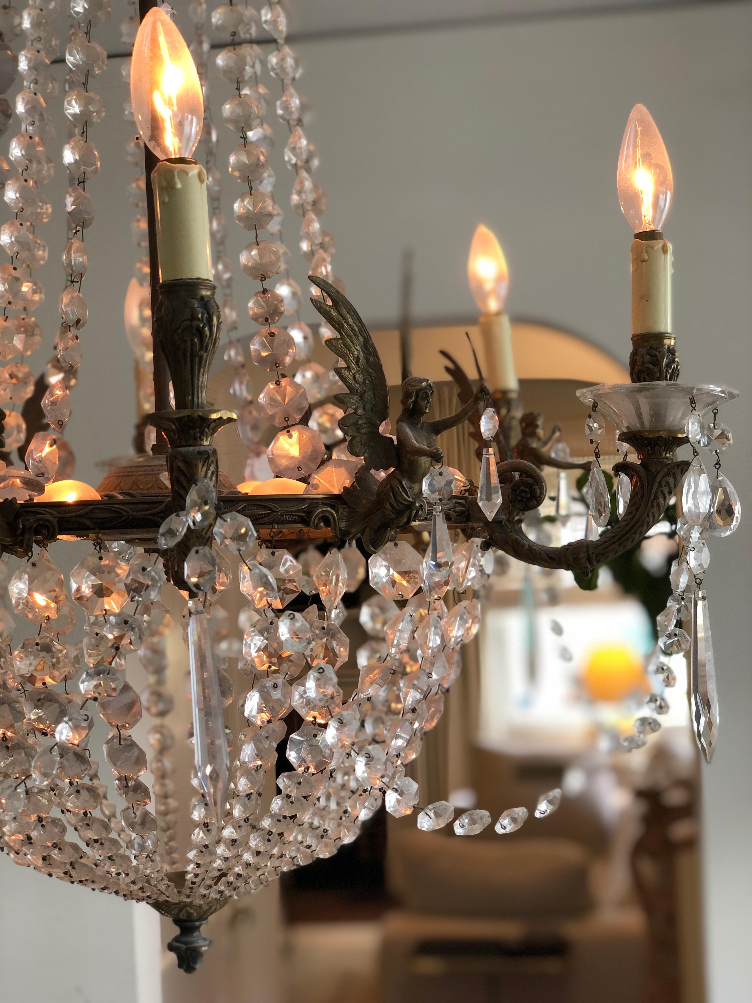 French Empire Bronze and Crystal 12-Candalabra Light Sac a Pearl Chandelier 5