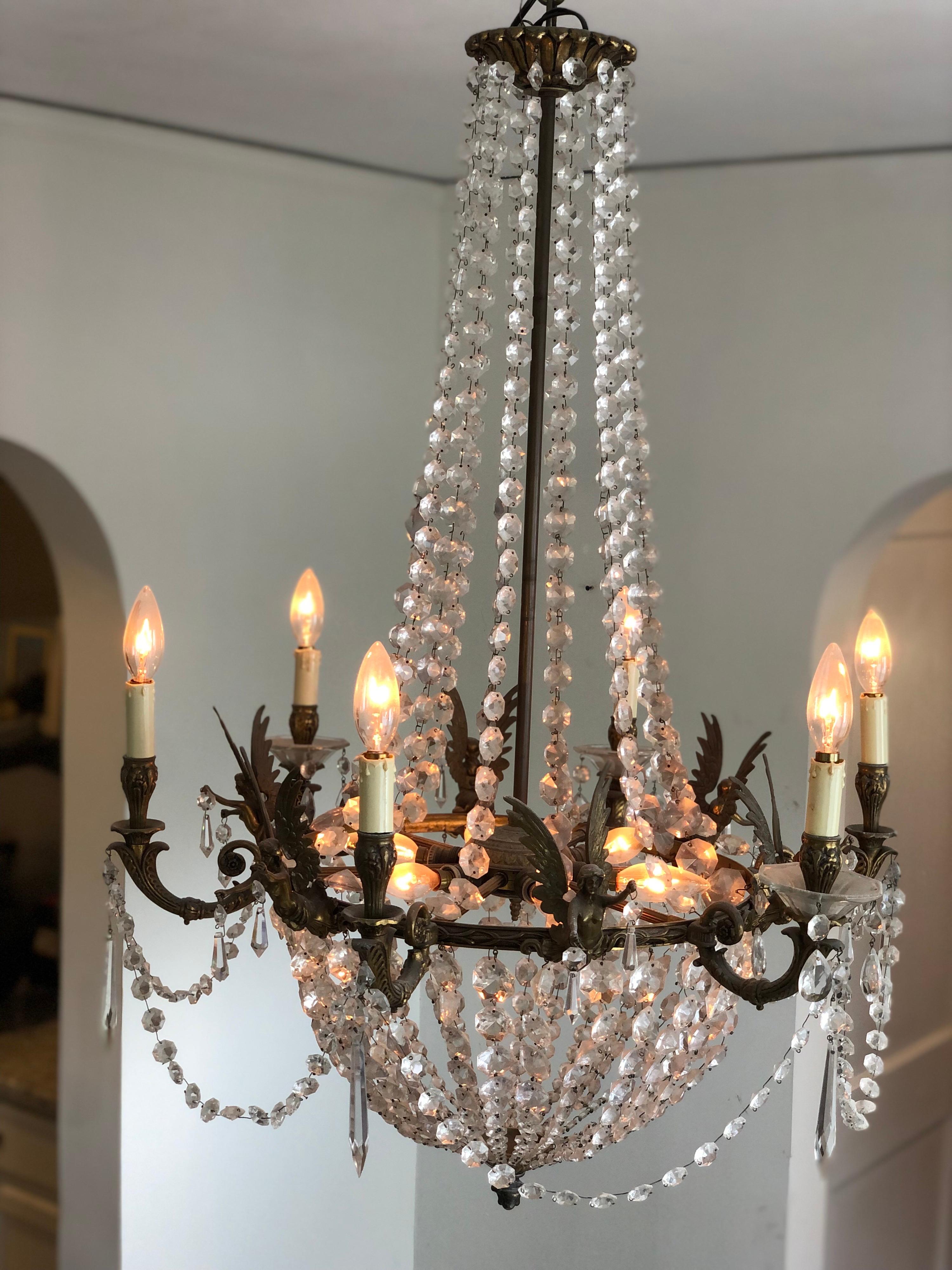 French Empire Bronze and Crystal 12-Candalabra Light Sac a Pearl Chandelier 6