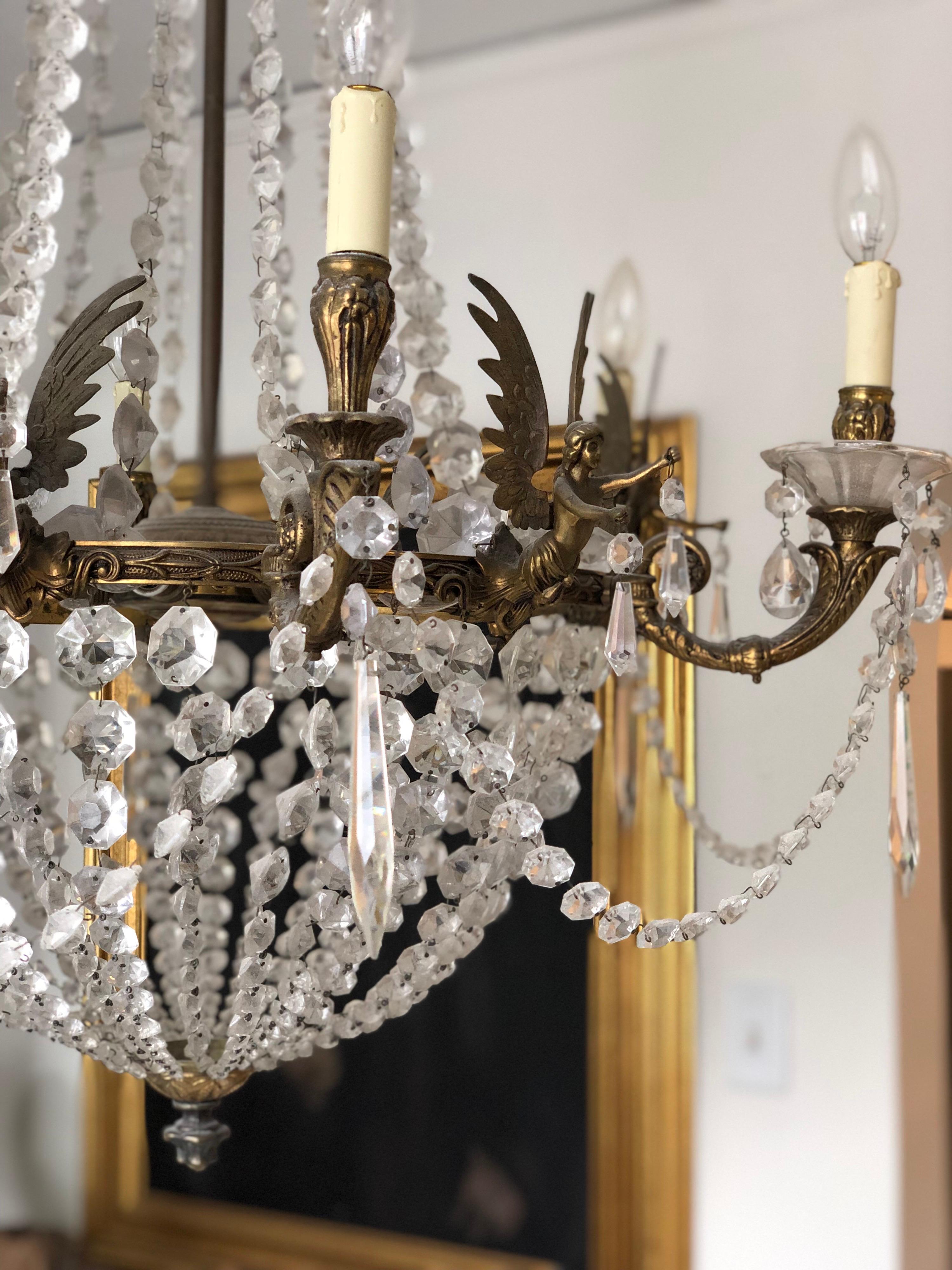 French Empire Bronze and Crystal 12-Candalabra Light Sac a Pearl Chandelier In Good Condition In Los Angeles, CA