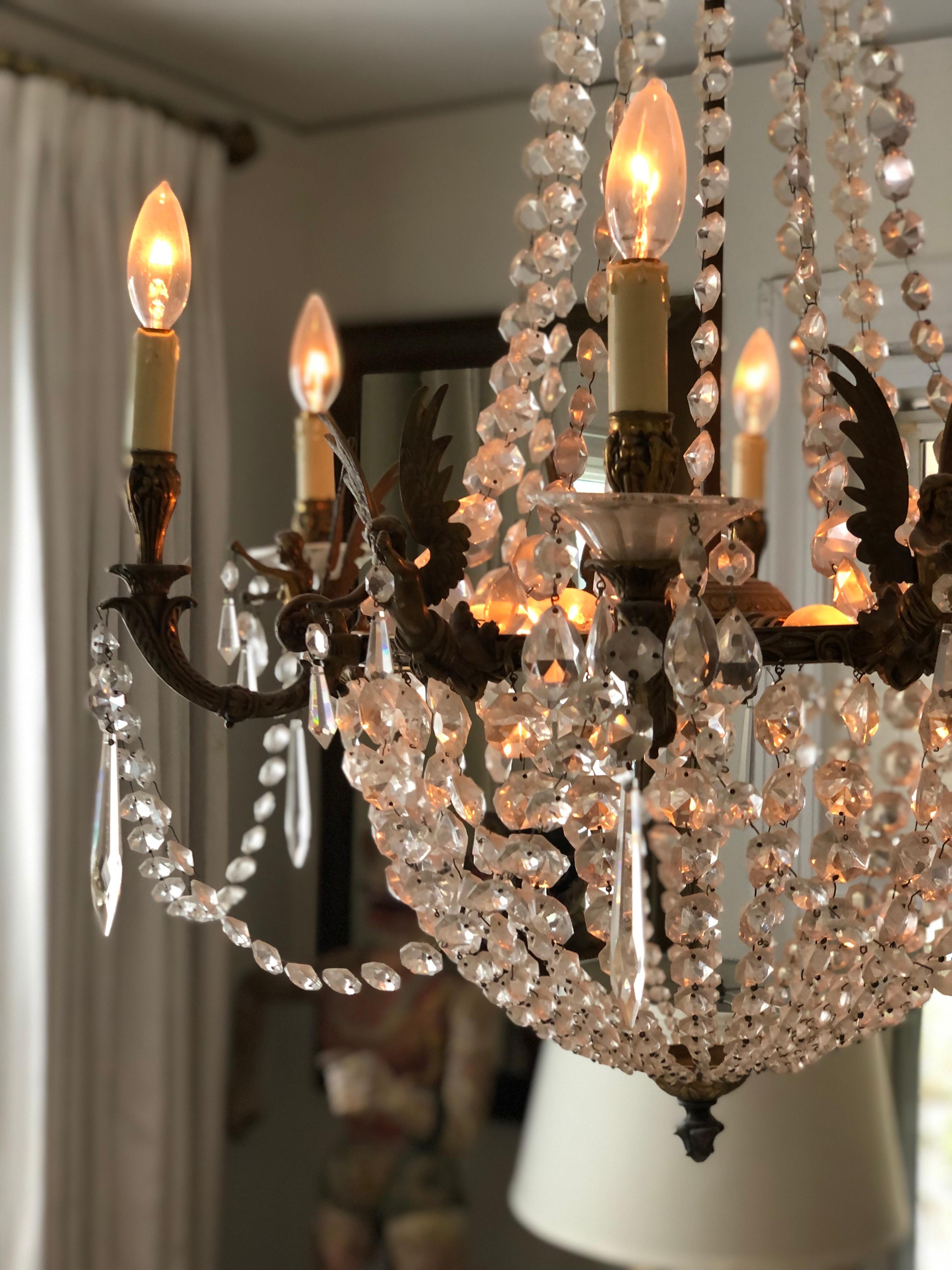 20th Century French Empire Bronze and Crystal 12-Candalabra Light Sac a Pearl Chandelier