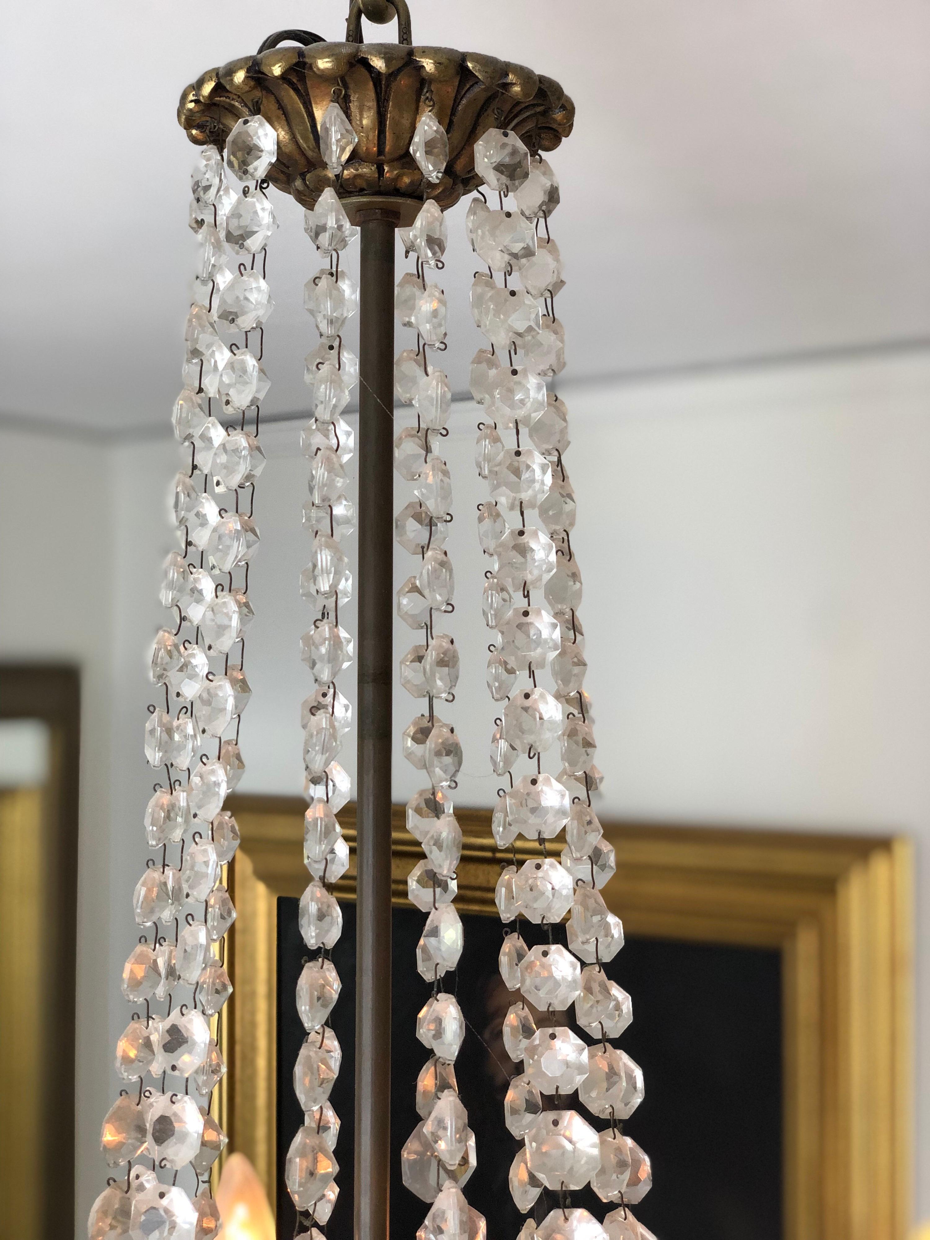 Metal French Empire Bronze and Crystal 12-Candalabra Light Sac a Pearl Chandelier