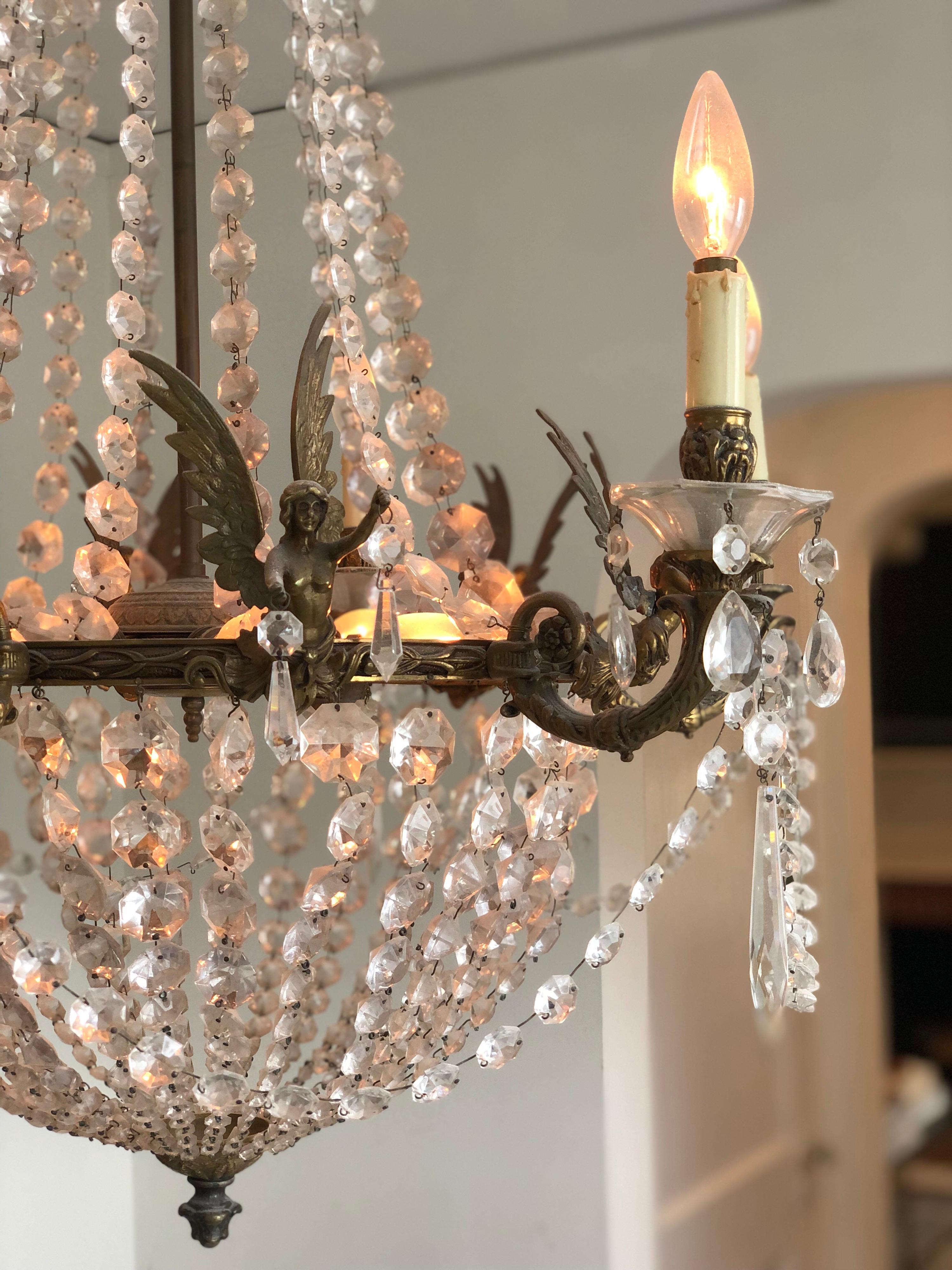 French Empire Bronze and Crystal 12-Candalabra Light Sac a Pearl Chandelier 4