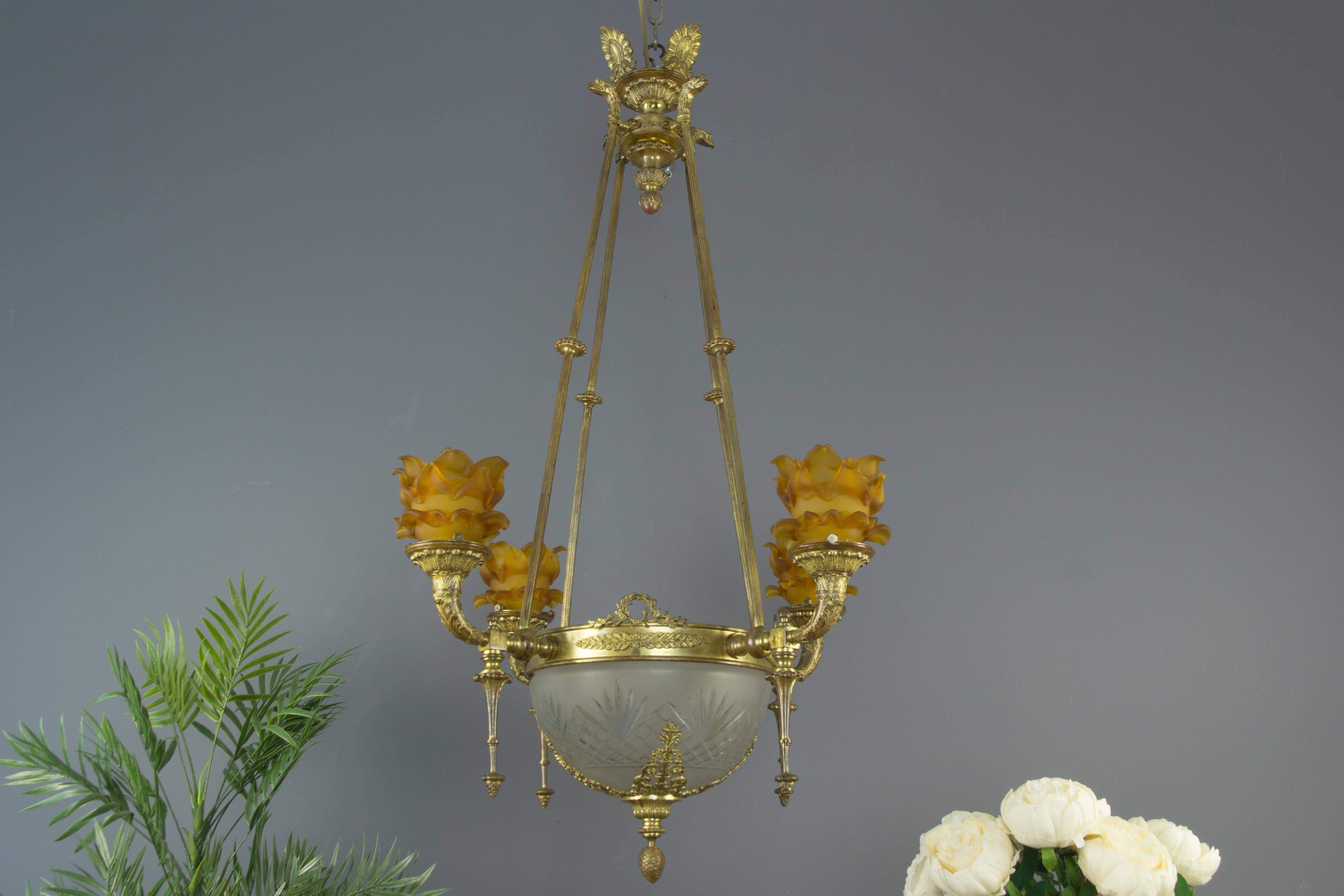 19th Century French Empire Style Bronze and Frosted Glass Eight-Light Chandelier