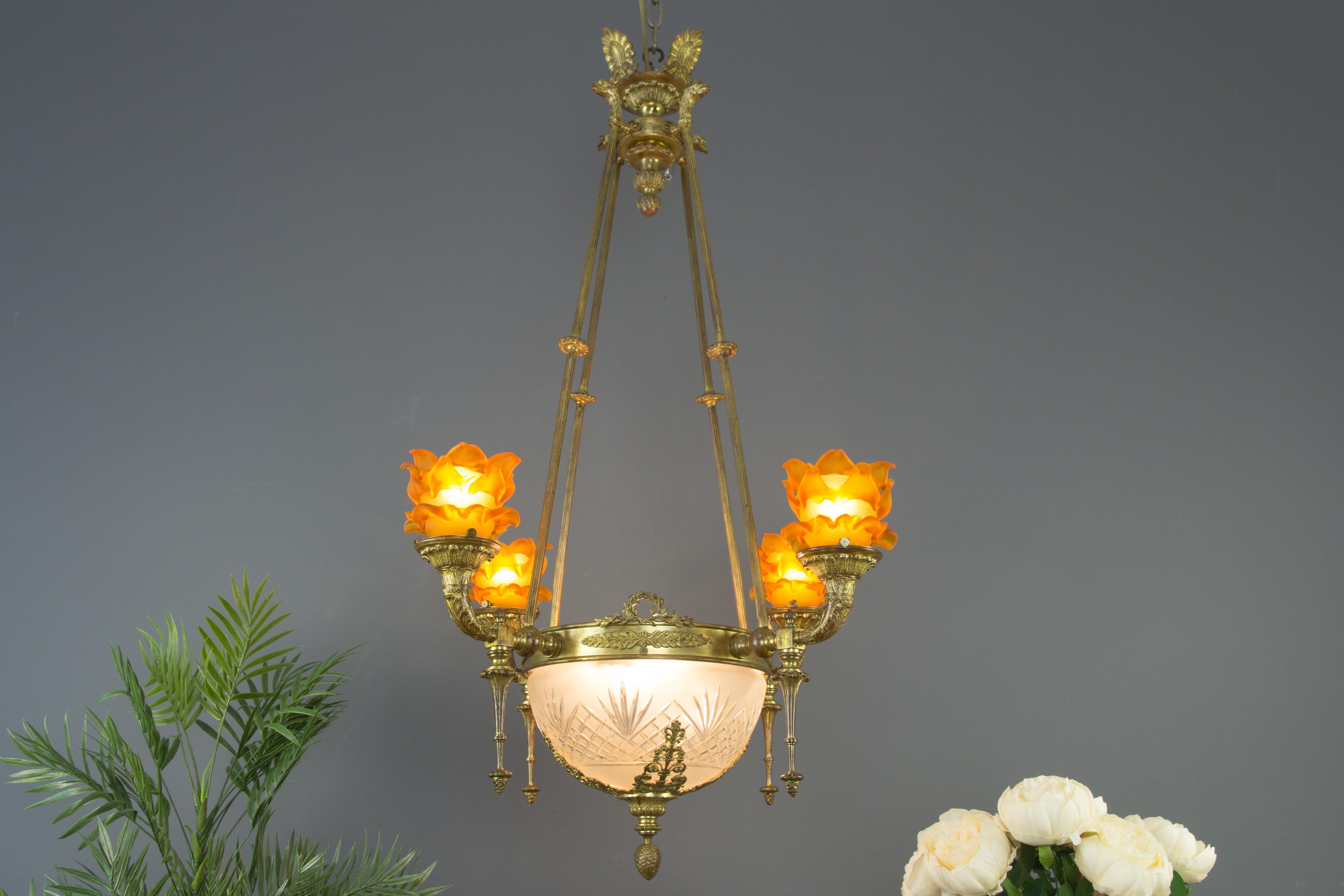 French Empire Style Bronze and Frosted Glass Eight-Light Chandelier 1