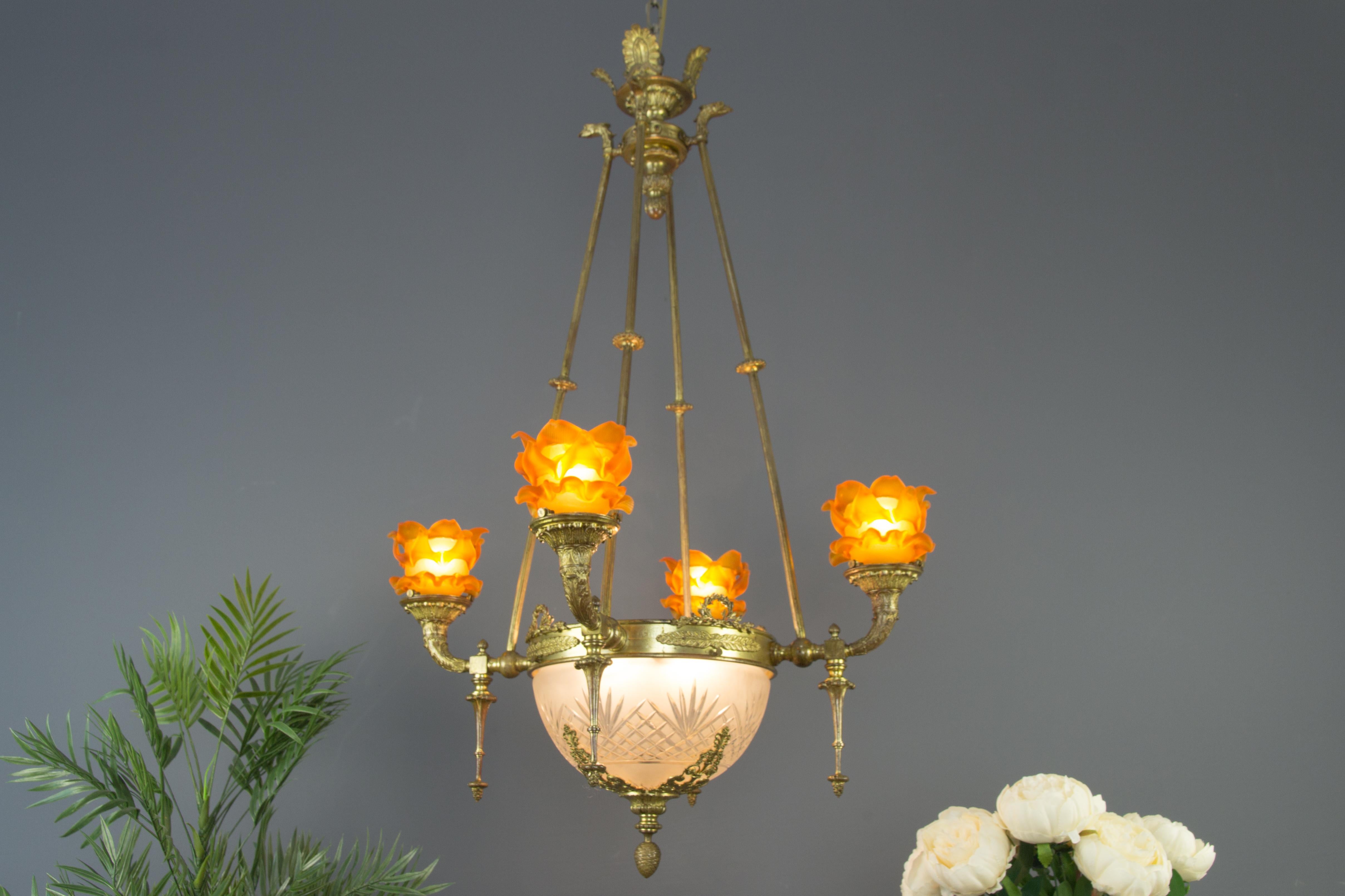 French Empire Style Bronze and Frosted Glass Eight-Light Chandelier 2